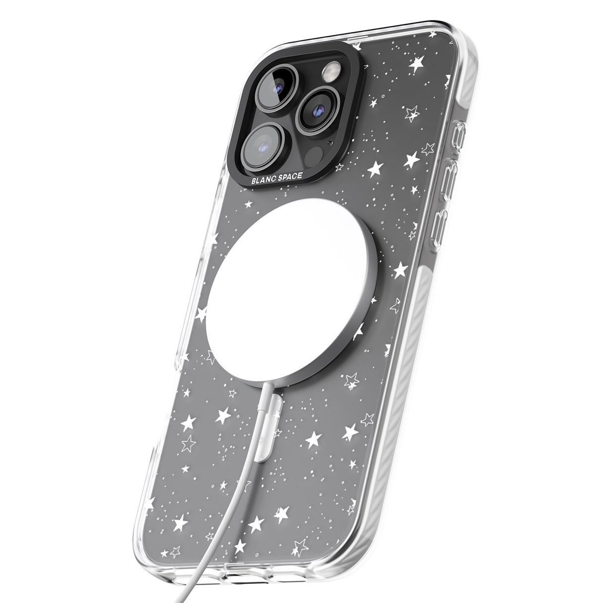 iPhone 16 Pro Max White Stars on Clear Black Impact Phone Case