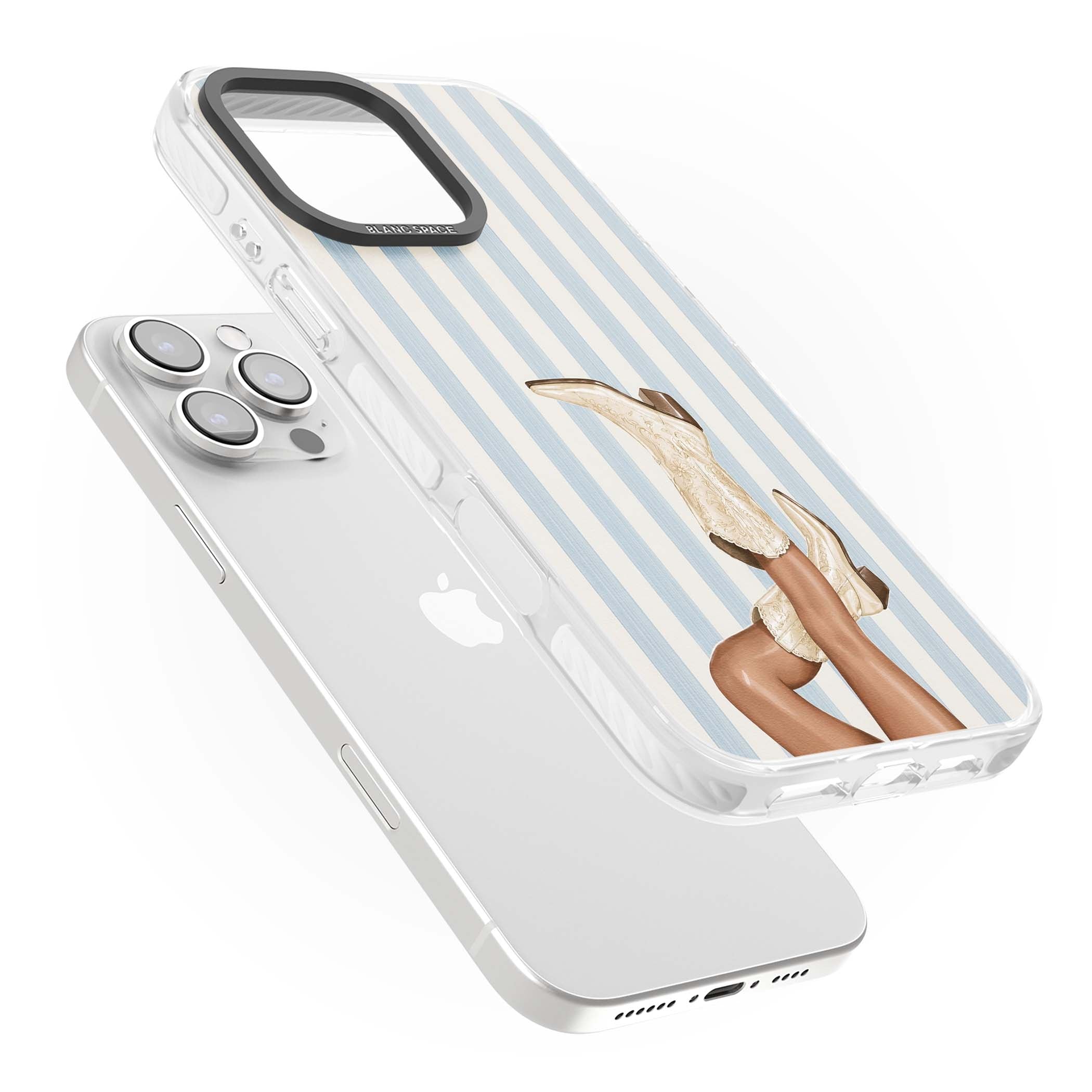 Cowgirl Boots coastal cowgirl iPhone case featuring embroidered western boots, tanned legs and a blue stripe backdrop | Impact Magsafe case for iPhone 16 Pro, iPhone 16 Pro Max