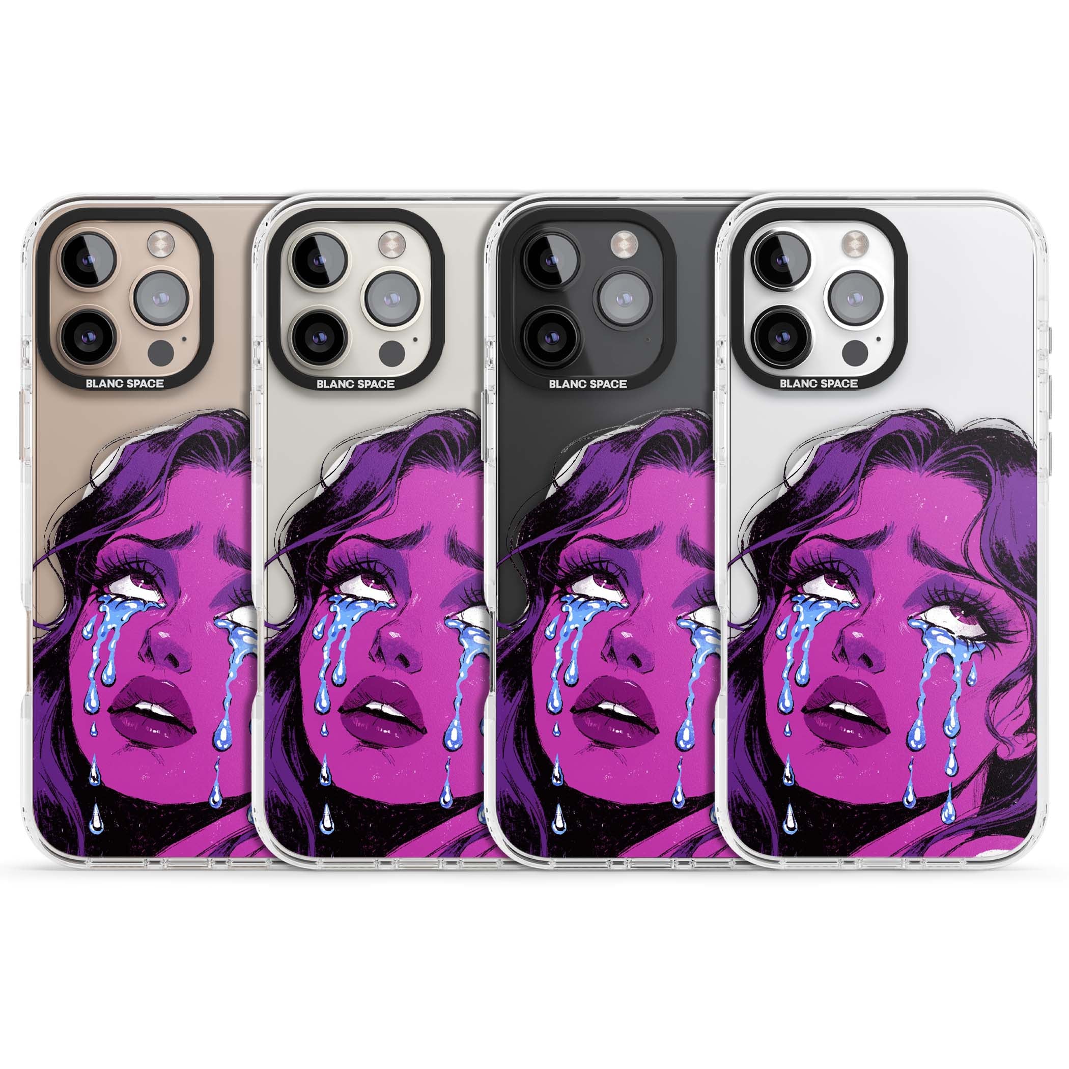 Drama Queen pop art iPhone case featuring a purple crying comic girl with blue tears | Impact Magsafe case for iPhone 16 Pro, iPhone 16 Pro Max