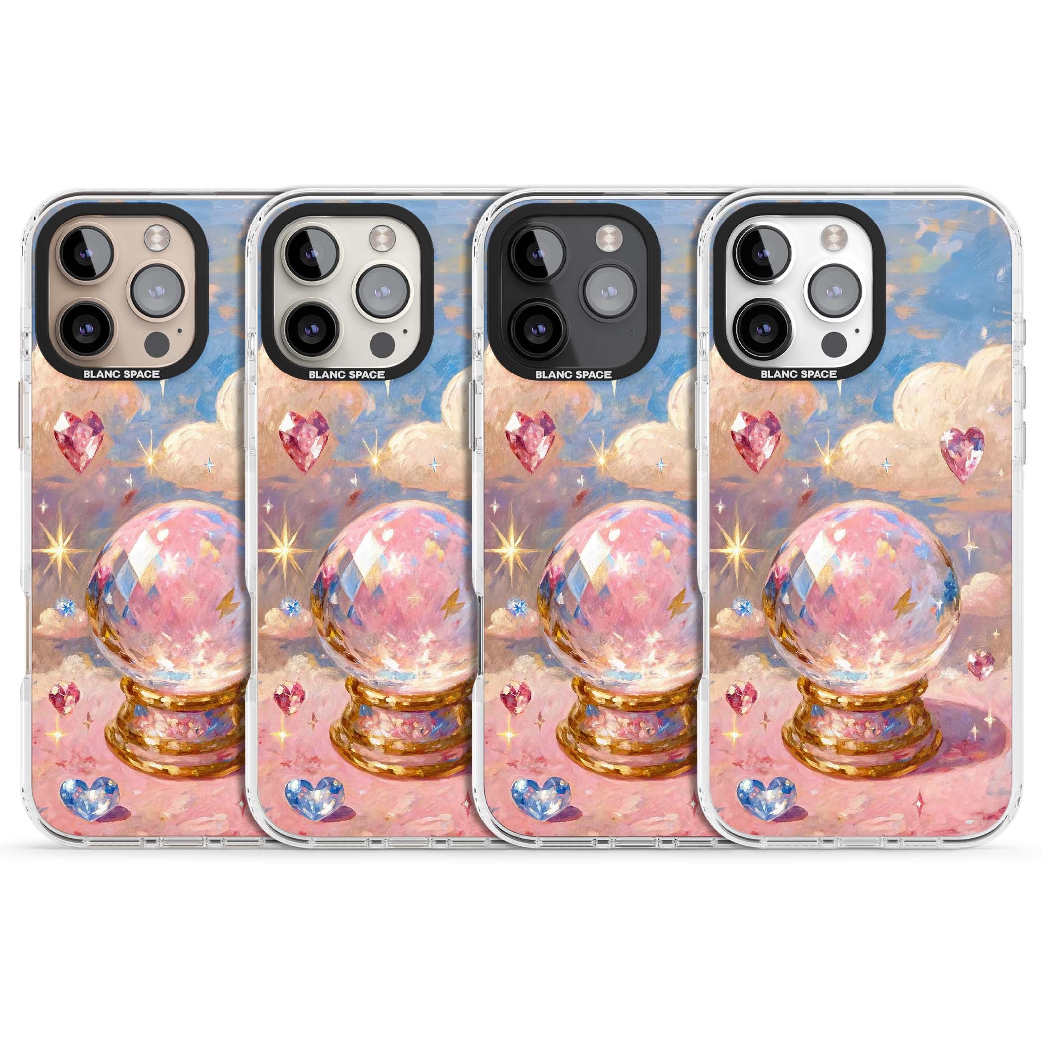 Crystal Ball fairycore iPhone case featuring a painted crystal ball, heart gemstones, and pastel clouds | Impact Magsafe case for iPhone 16 Pro, iPhone 16 Pro Max