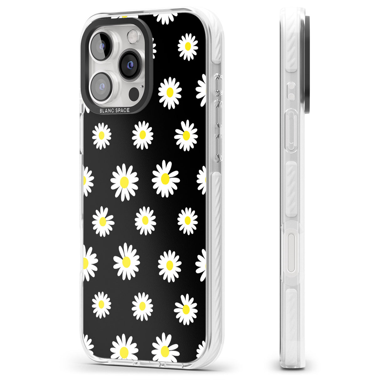 iPhone 16 Pro Max White Daisy Pattern (Black) Black Impact Phone Case