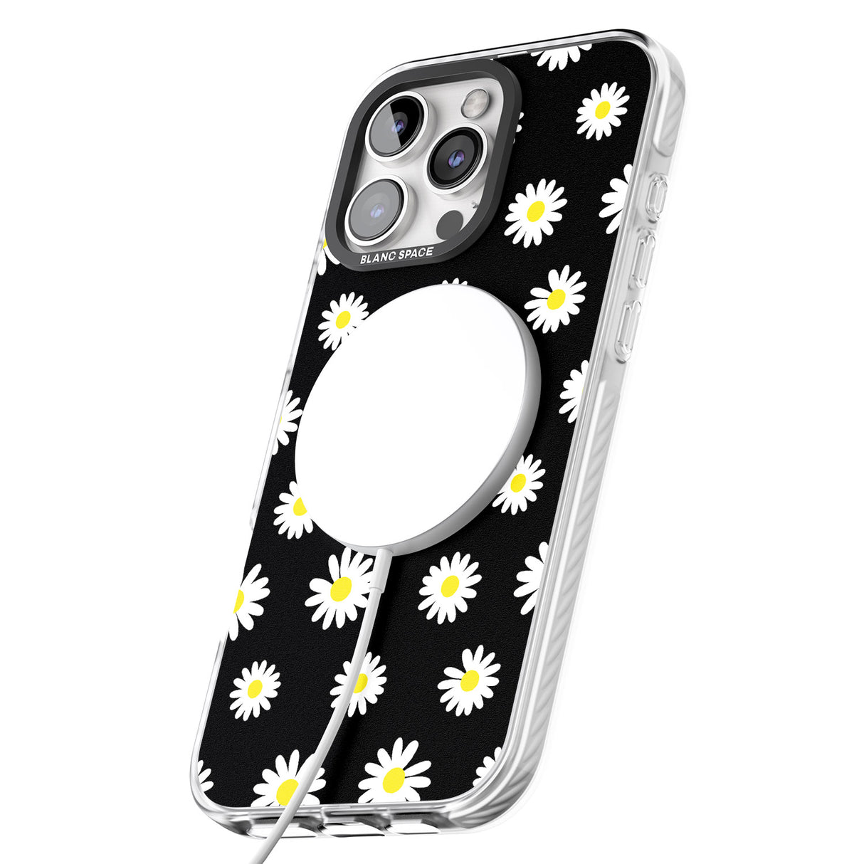 iPhone 16 Pro Max White Daisy Pattern (Black) Black Impact Phone Case