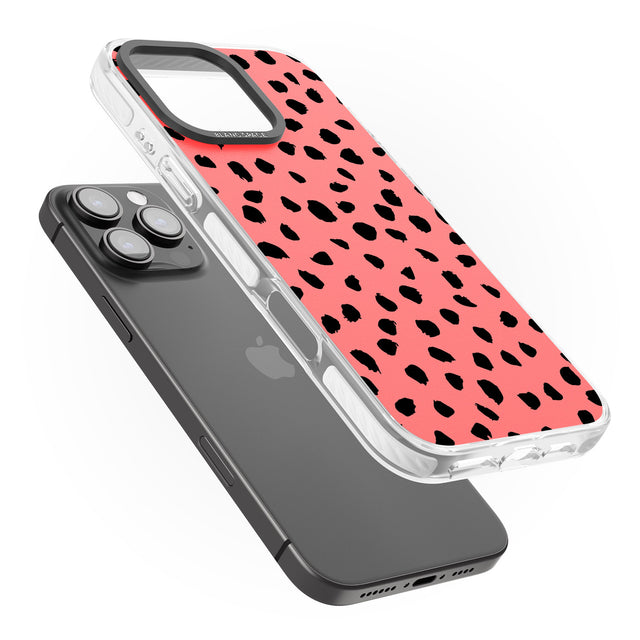 iPhone 16 Pro Max Black on Salmon Pink Dalmatian Polka Dot Spots Black Impact Phone Case