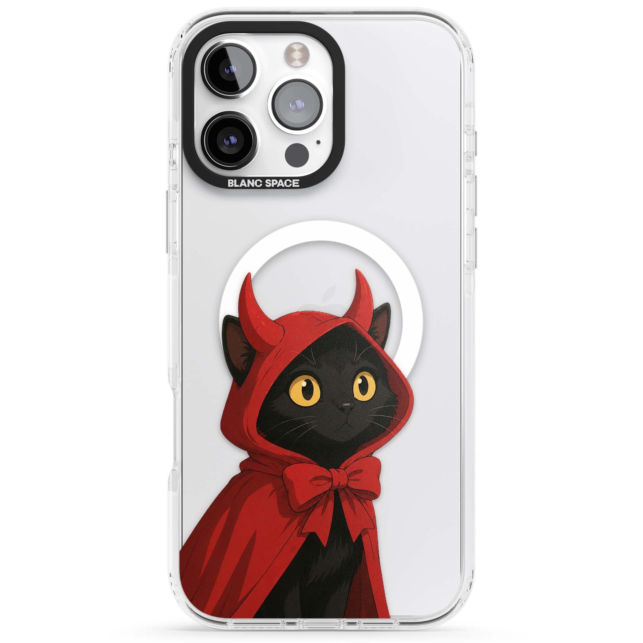 Little Devil halloween iPhone case featuring a black cat in a red hooded devil cloak with horns and golden eyes | Impact Magsafe case for iPhone 16 Pro, iPhone 16 Pro Max