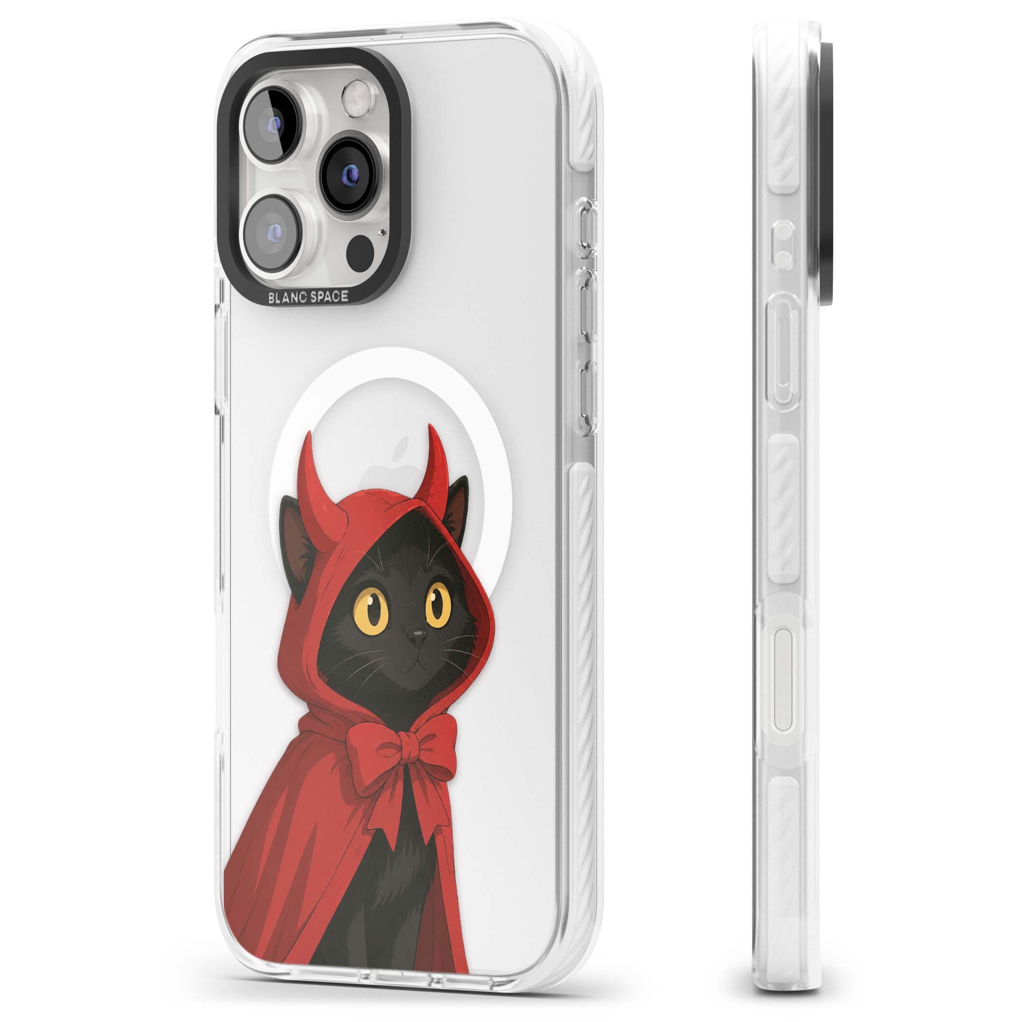 Little Devil halloween iPhone case featuring a black cat in a red hooded devil cloak with horns and golden eyes | Impact Magsafe case for iPhone 16 Pro, iPhone 16 Pro Max