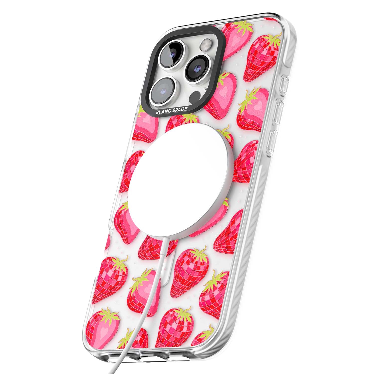 Disco Strawberry Y2K iPhone case featuring pink disco-ball strawberries, green leaves and tiny sparkles | Impact Magsafe case for iPhone 16 Pro, iPhone 16 Pro Max
