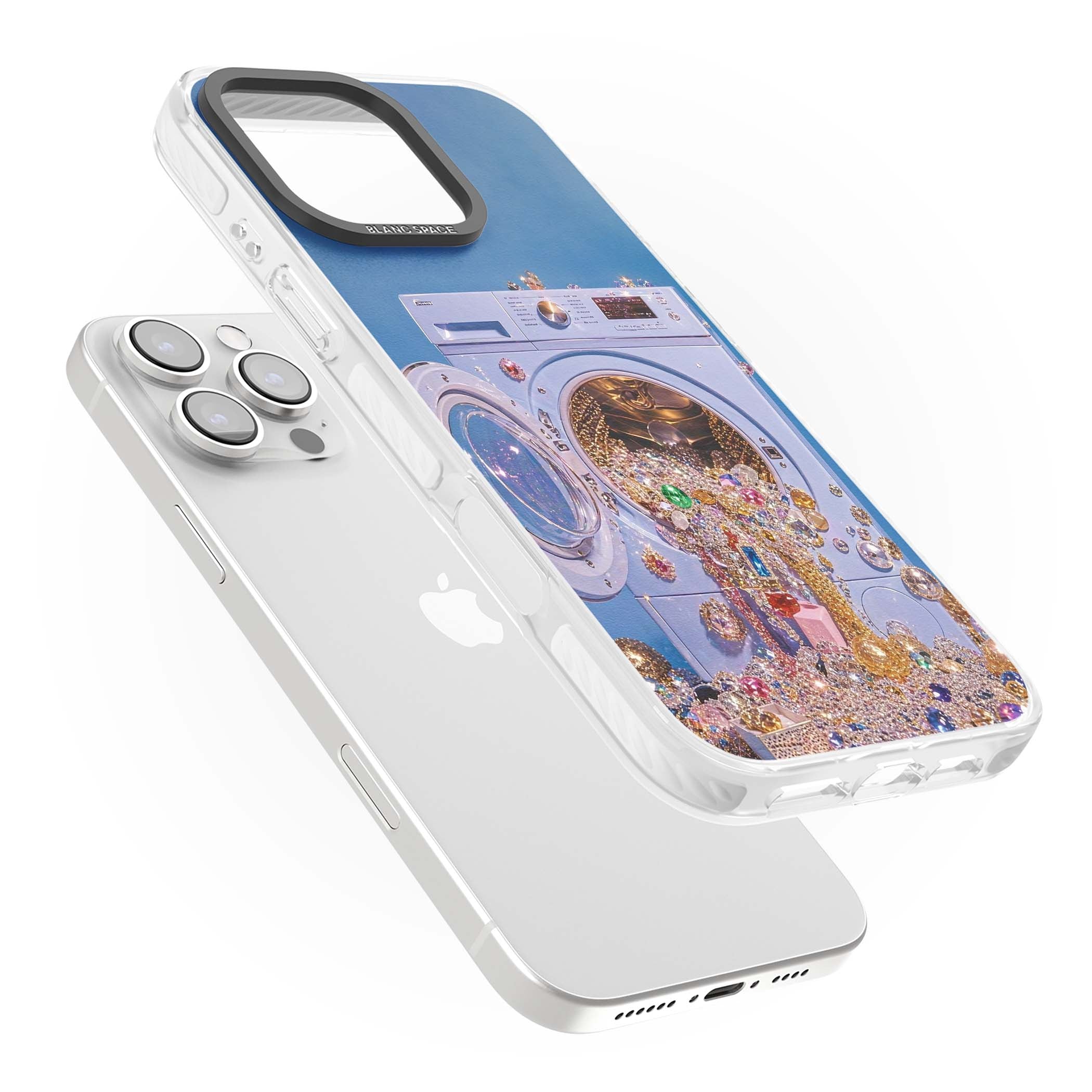 Gem Laundry baddie iPhone case featuring a surreal washing machine overflowing with colourful gemstones and crystals | Impact Magsafe case for iPhone 16 Pro, iPhone 16 Pro Max