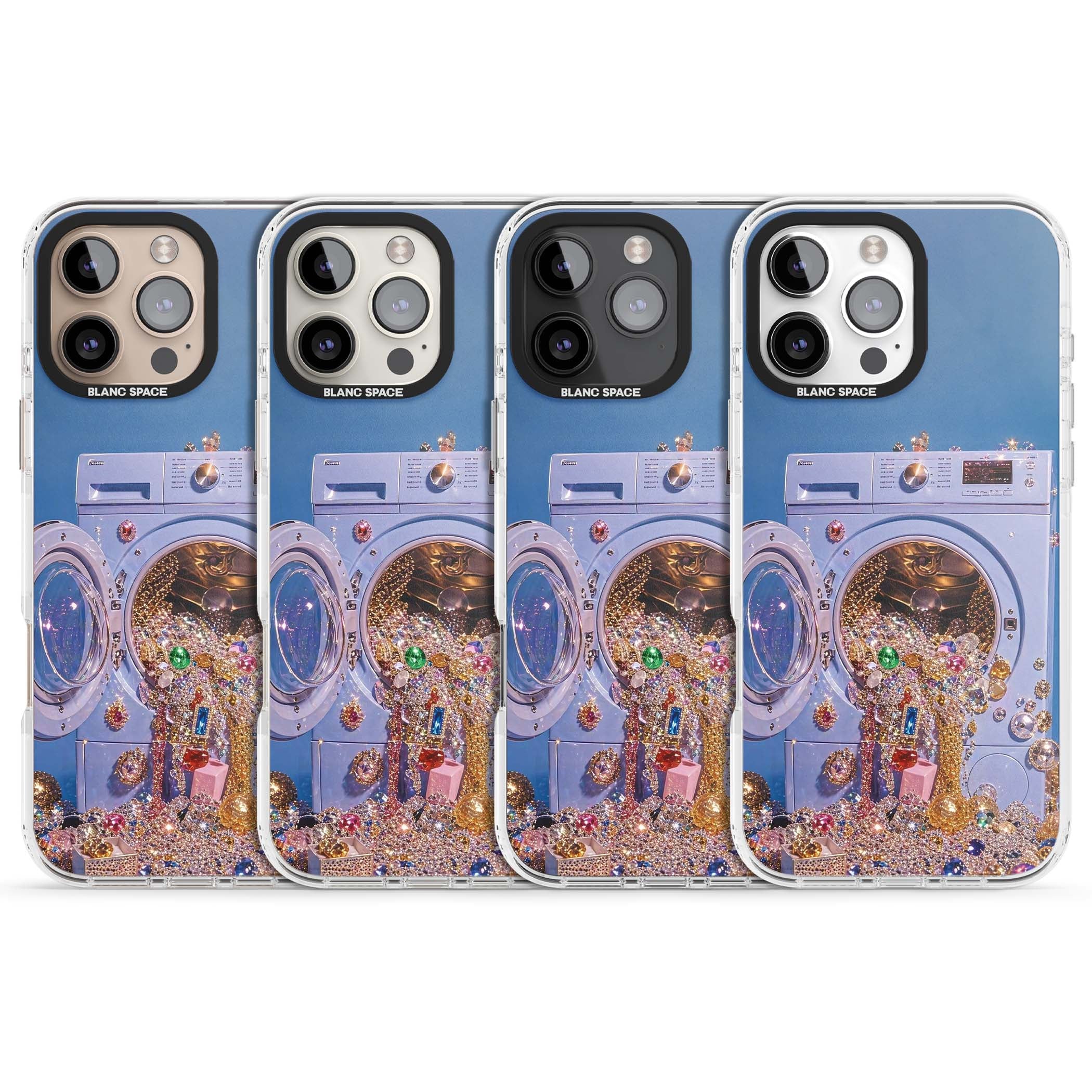 Gem Laundry baddie iPhone case featuring a surreal washing machine overflowing with colourful gemstones and crystals | Impact Magsafe case for iPhone 16 Pro, iPhone 16 Pro Max