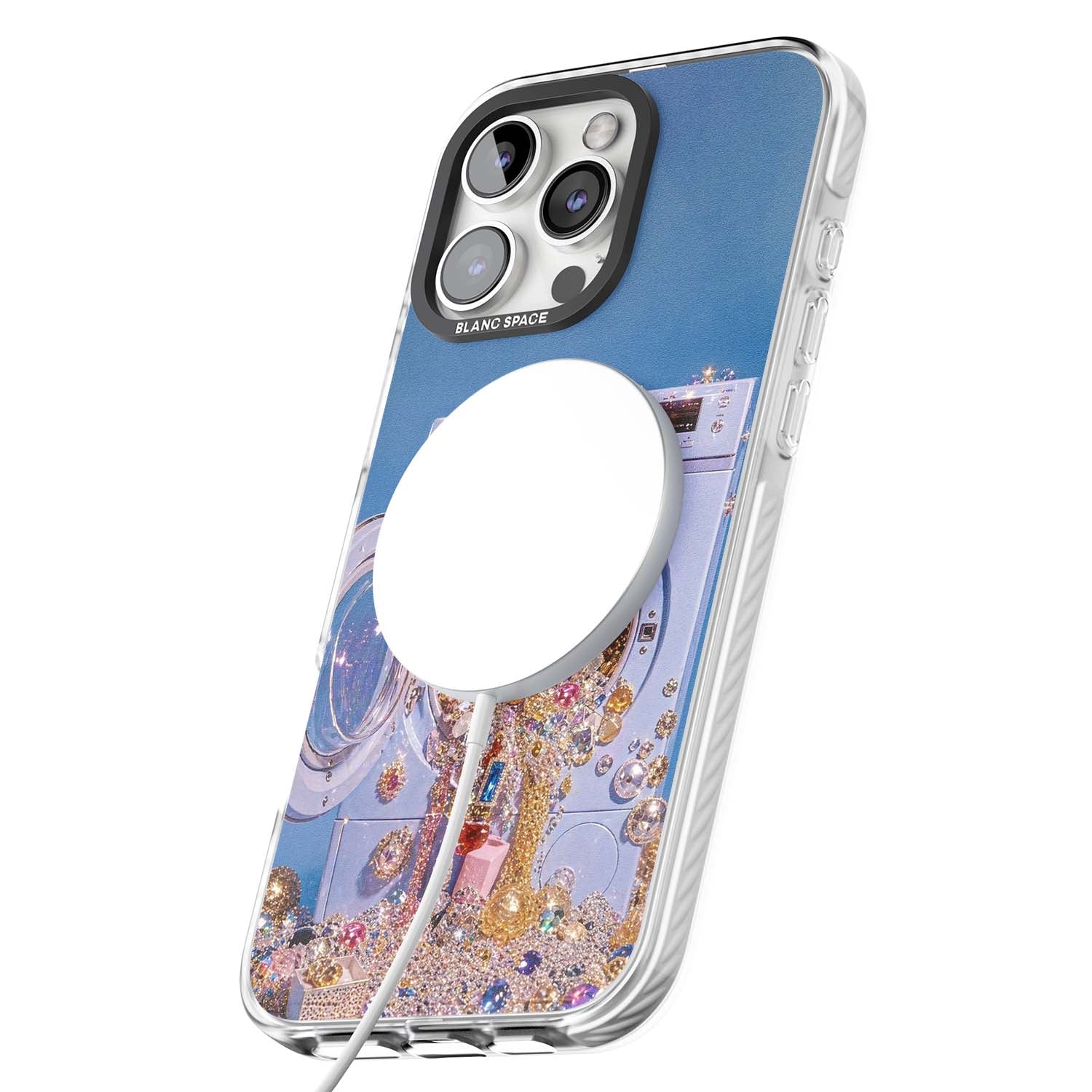 Gem Laundry baddie iPhone case featuring a surreal washing machine overflowing with colourful gemstones and crystals | Impact Magsafe case for iPhone 16 Pro, iPhone 16 Pro Max