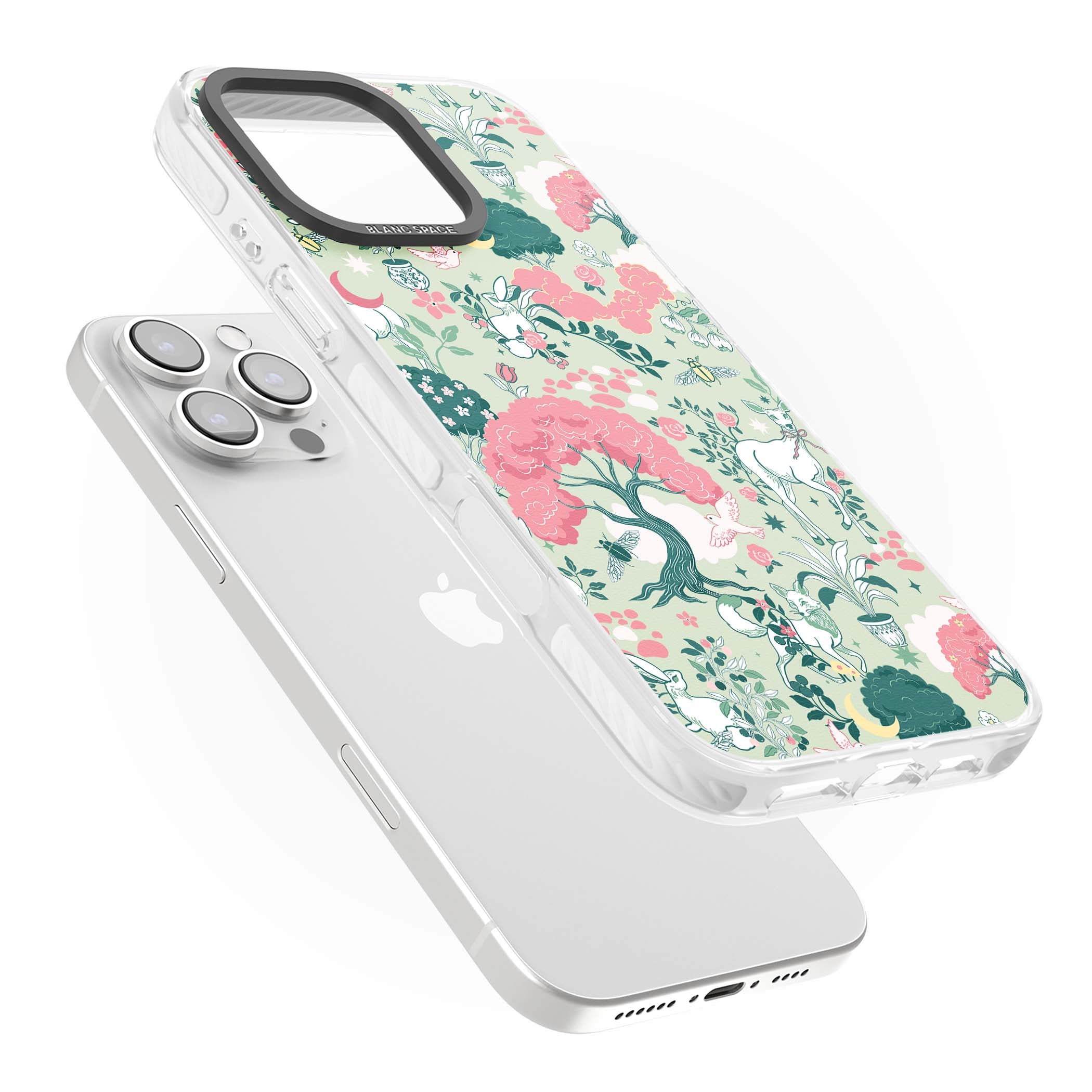 Enchanted Woodland cottagecore iPhone case featuring white deer, pink roses, mushrooms and woodland animals on sage green | Impact Magsafe case for iPhone 16 Pro, iPhone 16 Pro Max