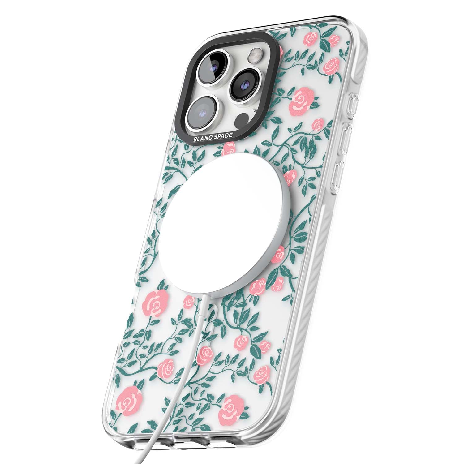 Rose Trellis (Clear) cottagecore iPhone case featuring pink climbing roses and green leaves on clear background | Impact Magsafe case for iPhone 16 Pro, iPhone 16 Pro Max