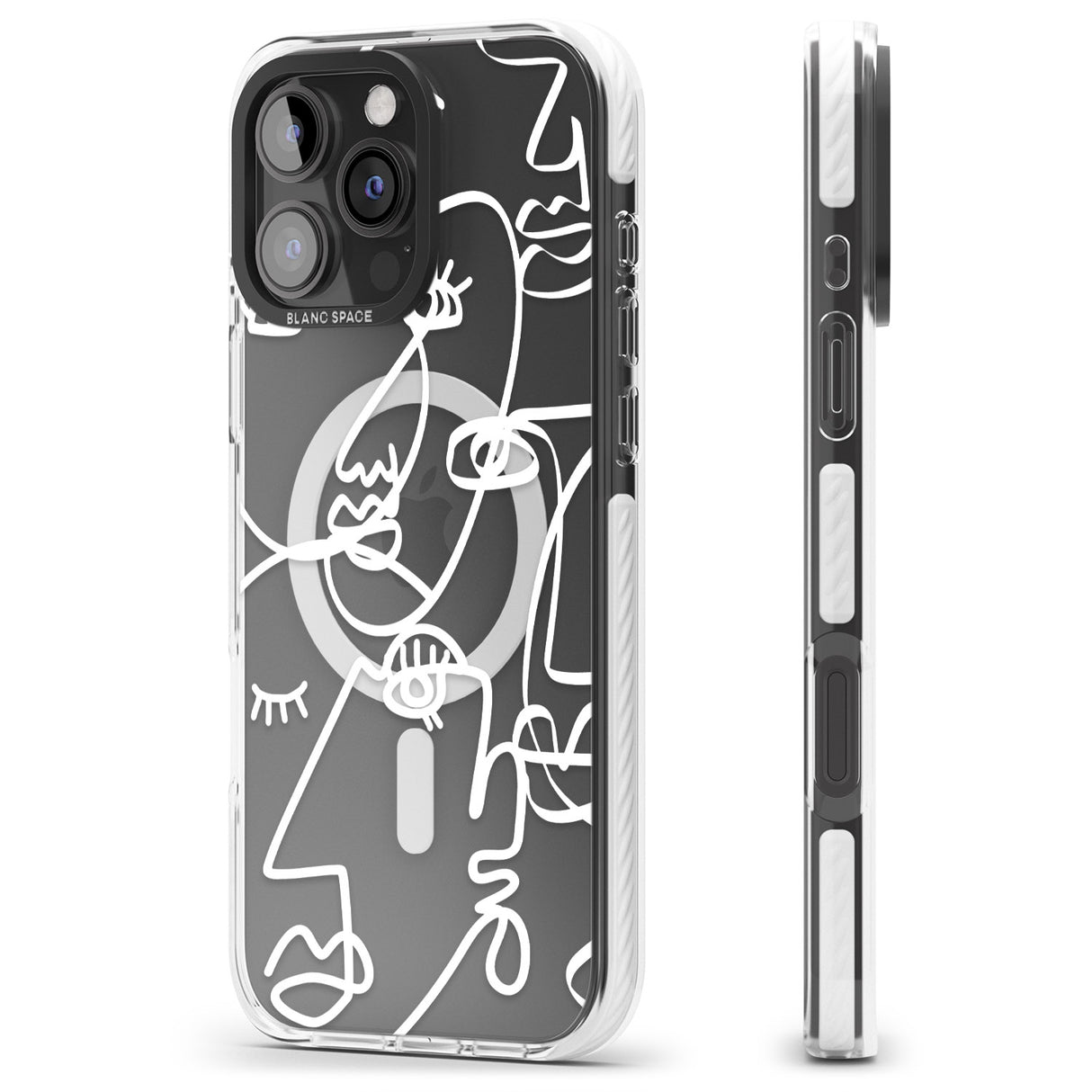 iPhone 16 Pro Max Abstract Continuous Line Faces White on Clear Black Impact Phone Case