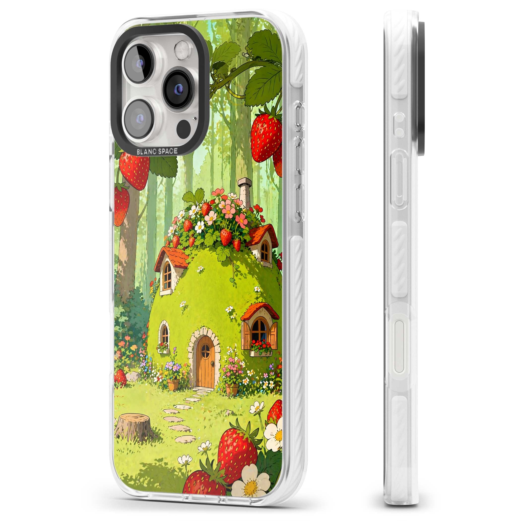 Strawberry Cottage cottagecore iPhone case featuring a green fairy house, wild strawberries and enchanted forest flowers | Impact Magsafe case for iPhone 16 Pro, iPhone 16 Pro Max