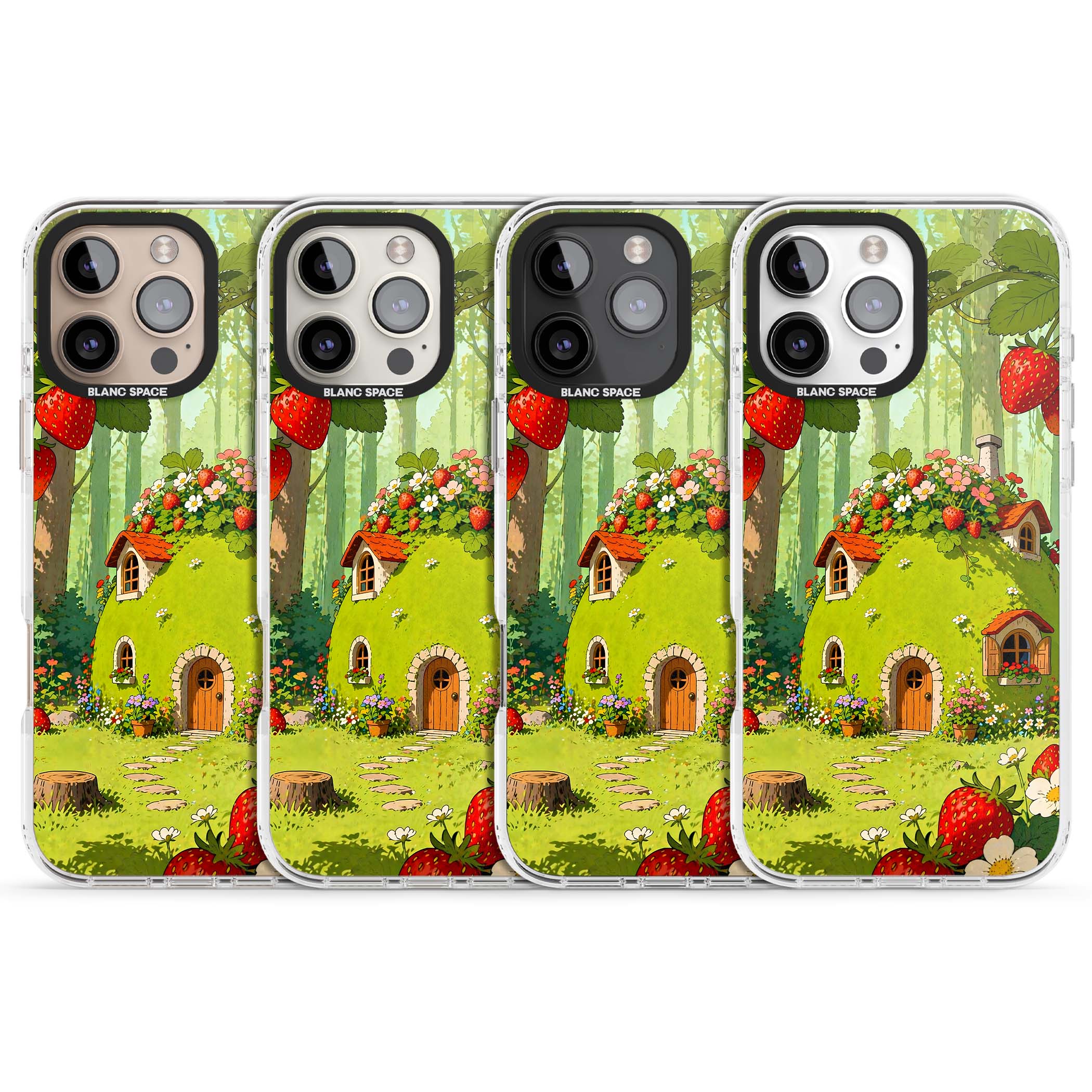 Strawberry Cottage cottagecore iPhone case featuring a green fairy house, wild strawberries and enchanted forest flowers | Impact Magsafe case for iPhone 16 Pro, iPhone 16 Pro Max