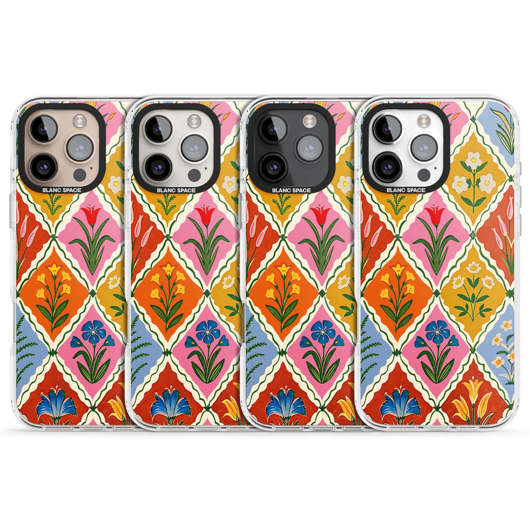 Floral Quilt boho floral iPhone case featuring diamond lattice pattern, hand-painted tulips and folk art wildflowers | Impact Magsafe case for iPhone 16 Pro, iPhone 16 Pro Max