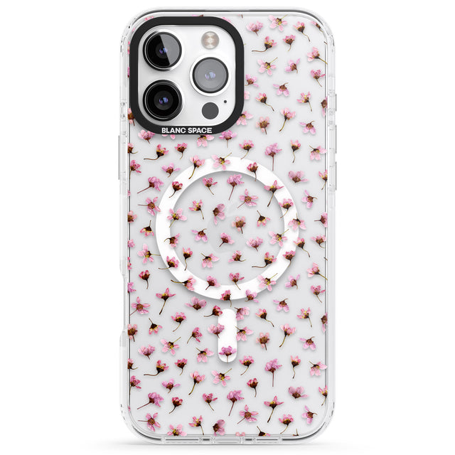 iPhone 16 Pro Max Small Pink Blossoms Transparent Design Black Impact Phone Case