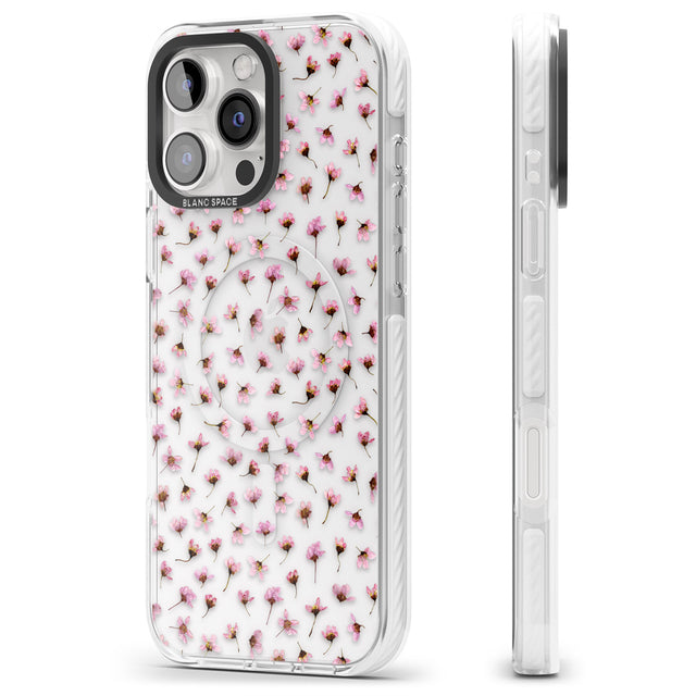 iPhone 16 Pro Max Small Pink Blossoms Transparent Design Black Impact Phone Case