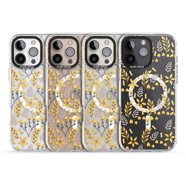 iPhone 16 Pro Max Yellow Leaves Transparent Floral Black Impact Phone Case