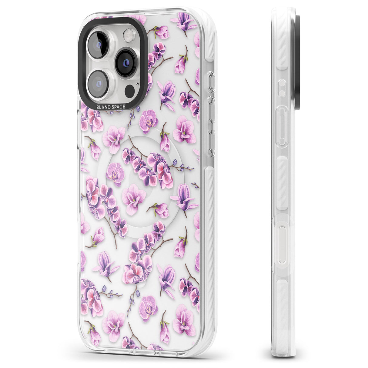 iPhone 16 Pro Max Purple Orchids Transparent Floral Black Impact Phone Case