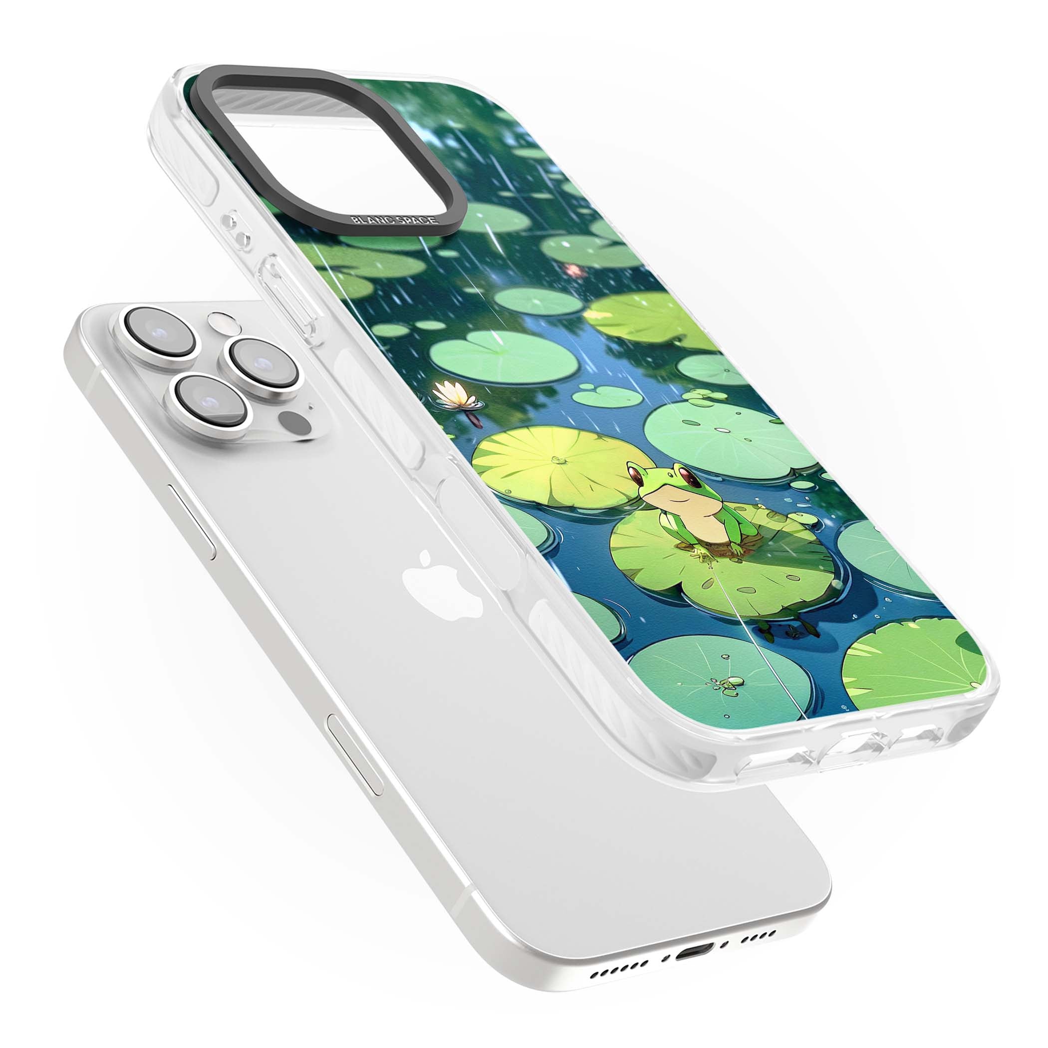 Frog In Lily Pond cottagecore iPhone case featuring a cute green frog on a lily pad with falling rain and a lotus flower | Impact Magsafe case for iPhone 16 Pro, iPhone 16 Pro Max