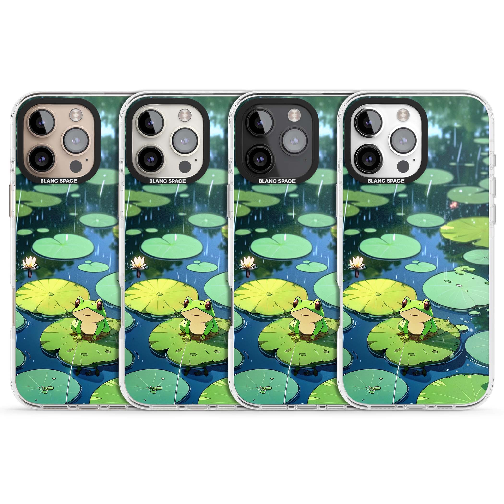 Frog In Lily Pond cottagecore iPhone case featuring a cute green frog on a lily pad with falling rain and a lotus flower | Impact Magsafe case for iPhone 16 Pro, iPhone 16 Pro Max