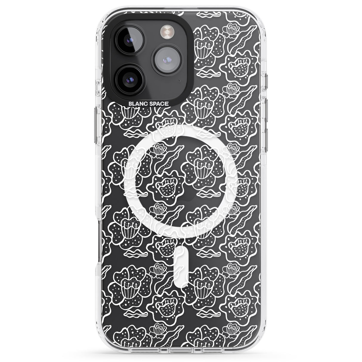 iPhone 16 Pro Max Funky Floral Patterns White on Clear Black Impact Phone Case