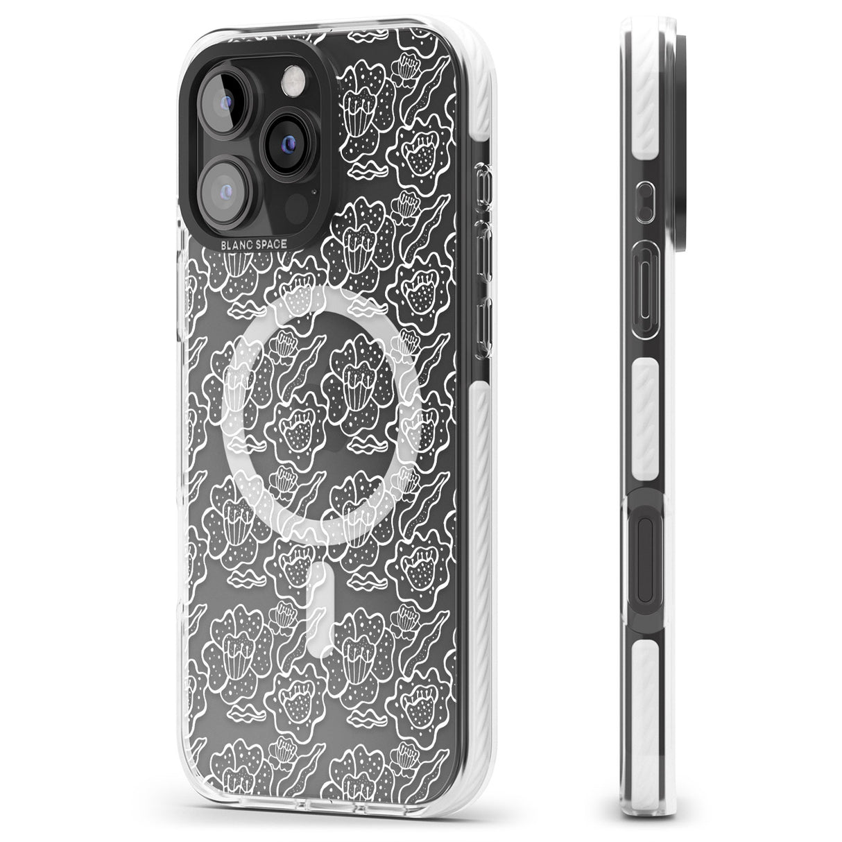 iPhone 16 Pro Max Funky Floral Patterns White on Clear Black Impact Phone Case