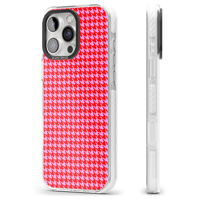 iPhone 16 Pro Max Neon Pink & Red Houndstooth Pattern Black Impact Phone Case