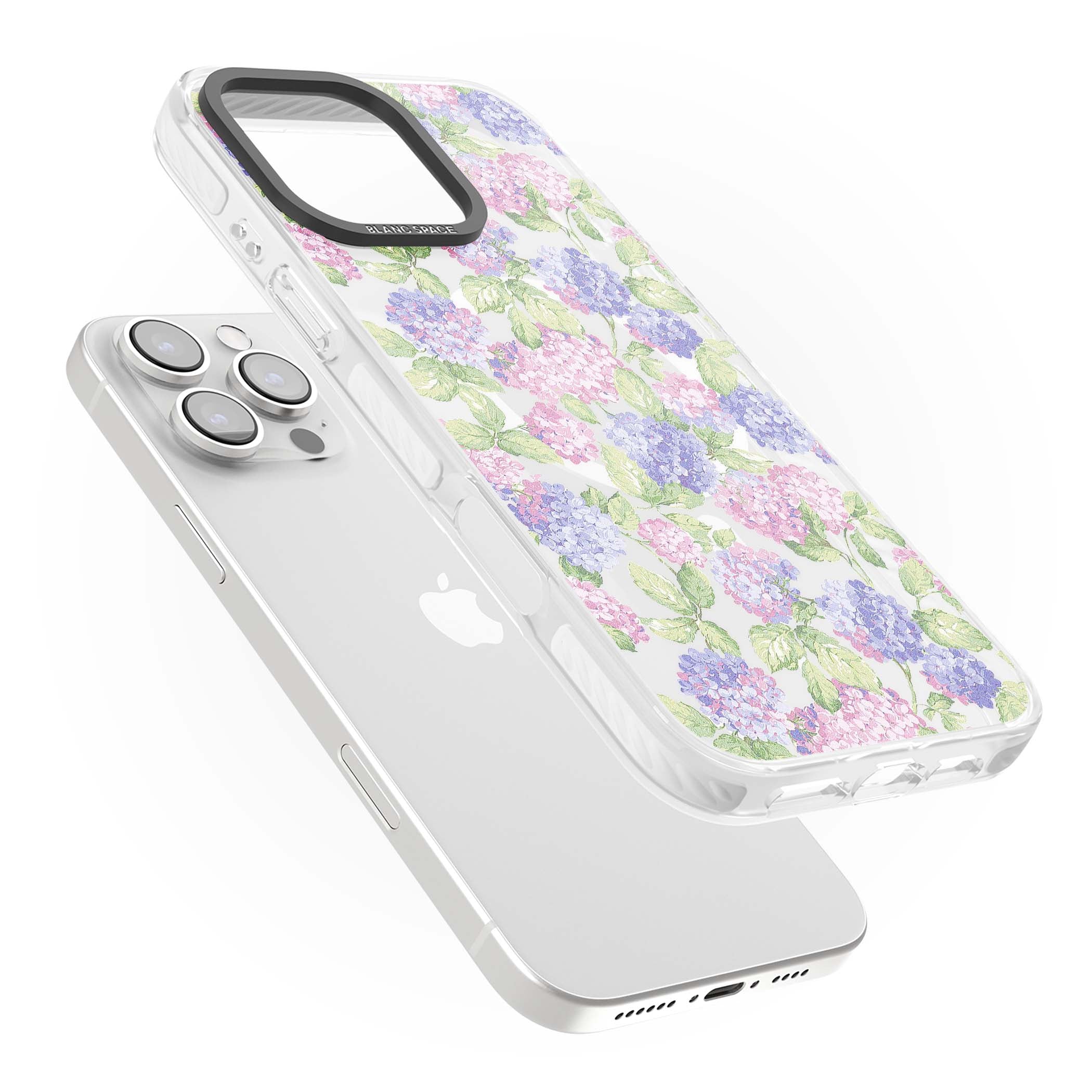 Cottage Hydrangea cottagecore iPhone case featuring pink and purple hydrangea blooms with green leaves on a clear background | Impact Magsafe case for iPhone 16 Pro, iPhone 16 Pro Max