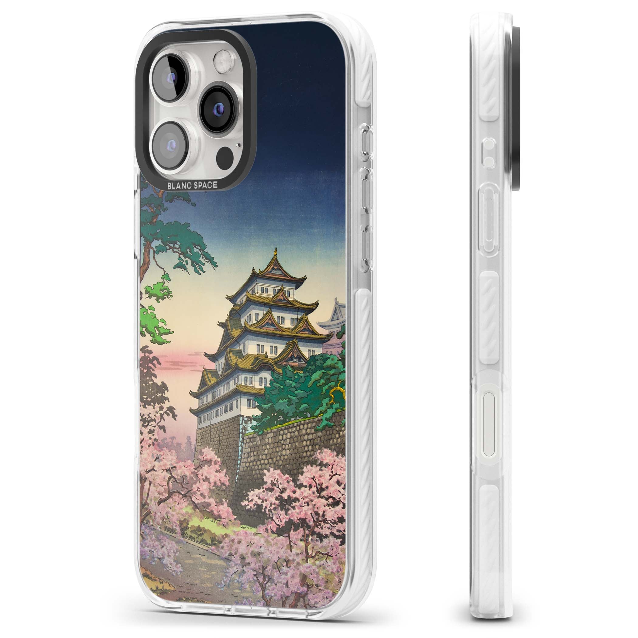 Nagoya Castle Japanese iPhone case featuring a vintage pagoda, twilight sky and cherry blossom trees | Impact Magsafe case for iPhone 16 Pro, iPhone 16 Pro Max