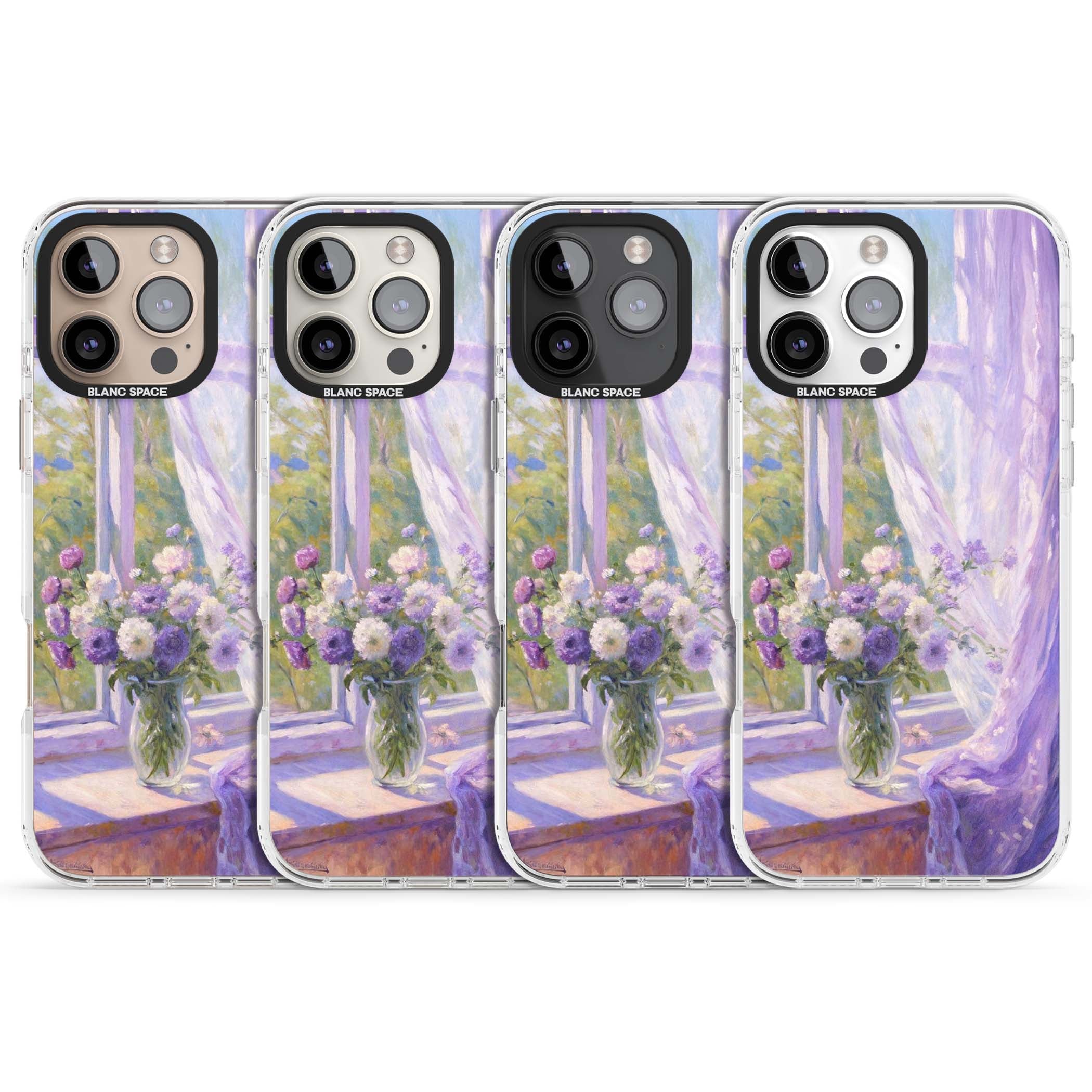 A Provence Morning impressionist art iPhone case featuring a vase of purple flowers, sunlit window and sheer curt | Impact Magsafe case for iPhone 16 Pro, iPhone 16 Pro Max
