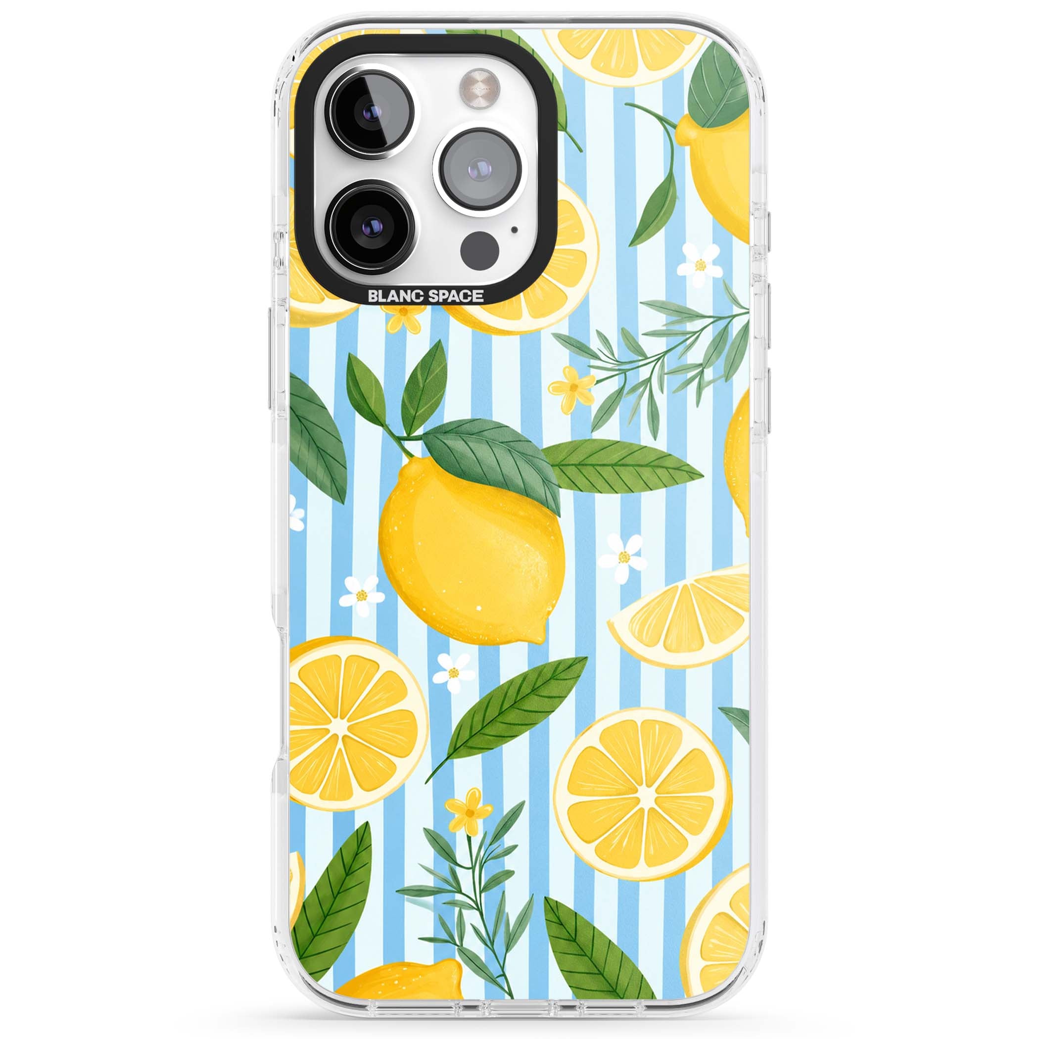 Capri Citrus Stripe coastal iPhone case featuring yellow lemons, blue stripes, and white daisy blossoms | Impact Magsafe case for iPhone 16 Pro, iPhone 16 Pro Max