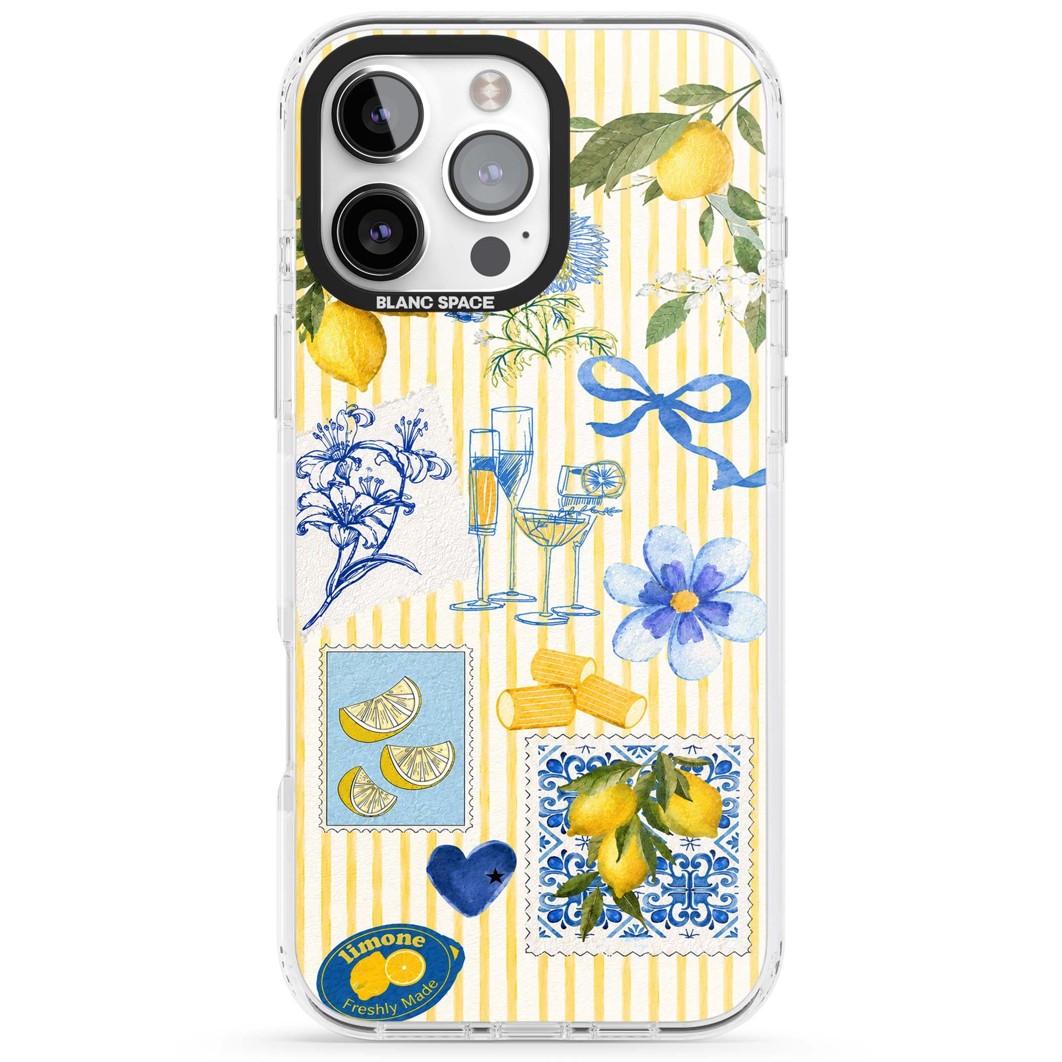 Limone Riviera Italian summer iPhone case featuring watercolour lemons, blue ribbon bows and majolica tile stamps on... | Impact Magsafe case for iPhone 16 Pro, iPhone 16 Pro Max