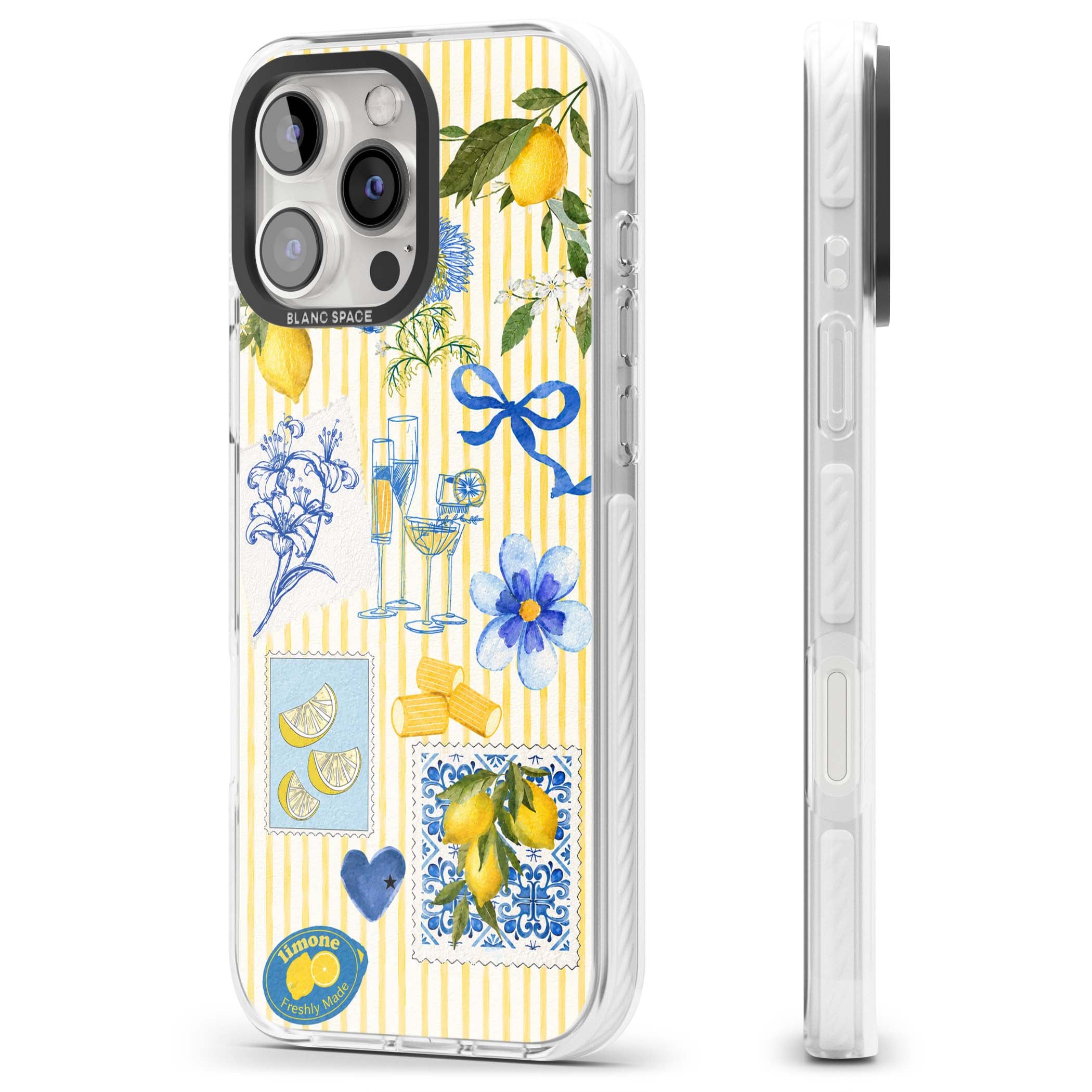Limone Riviera Italian summer iPhone case featuring watercolour lemons, blue ribbon bows and majolica tile stamps on... | Impact Magsafe case for iPhone 16 Pro, iPhone 16 Pro Max