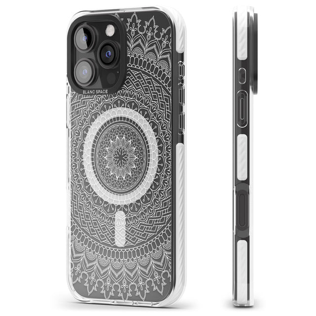 iPhone 16 Pro Max Large White Mandala Design Black Impact Phone Case