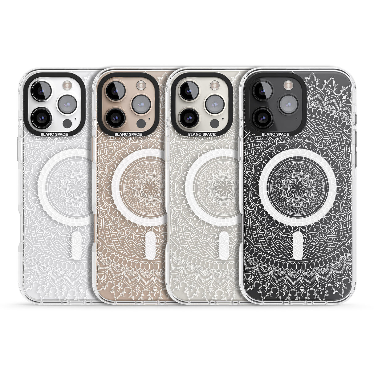 iPhone 16 Pro Max Large White Mandala Design Black Impact Phone Case