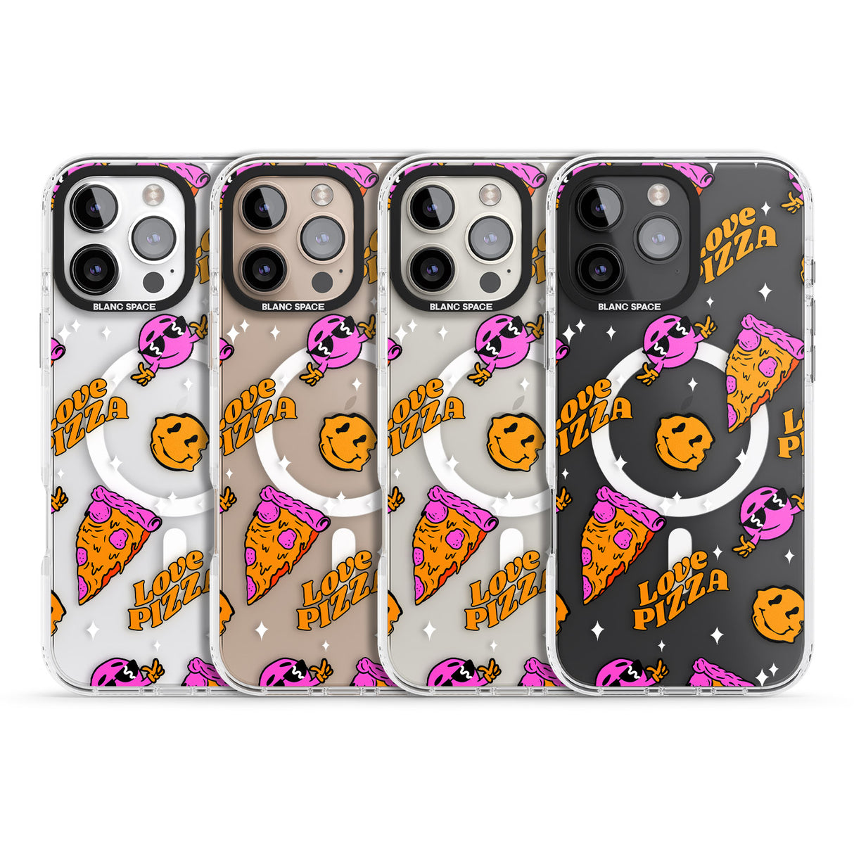 iPhone 16 Pro Max Psychedelic Love Pizza Pattern (Clear) Black Impact Phone Case