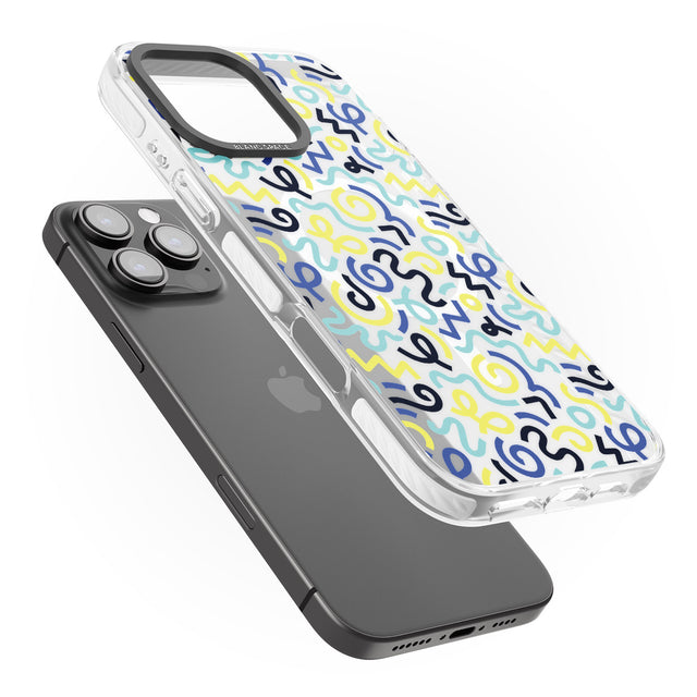 iPhone 16 Pro Max Blue & Yellow Shapes Memphis Retro Pattern Design Black Impact Phone Case