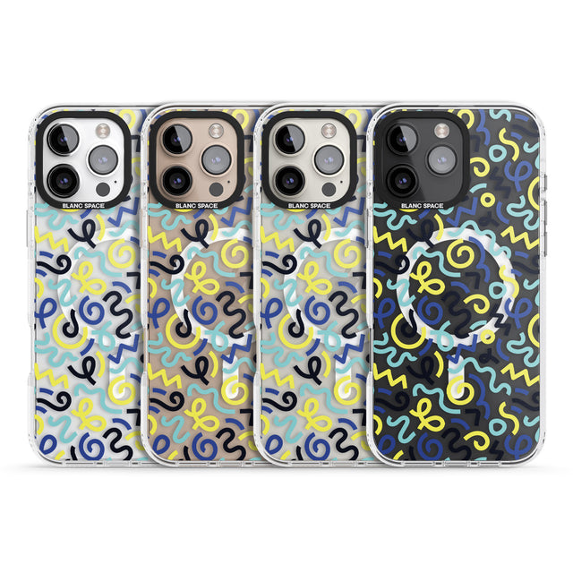 iPhone 16 Pro Max Blue & Yellow Shapes Memphis Retro Pattern Design Black Impact Phone Case