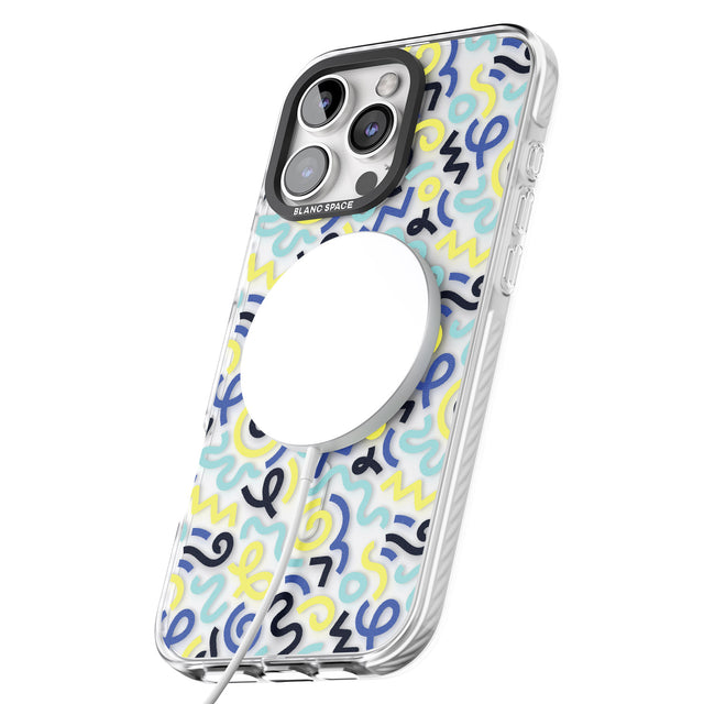 iPhone 16 Pro Max Blue & Yellow Shapes Memphis Retro Pattern Design Black Impact Phone Case