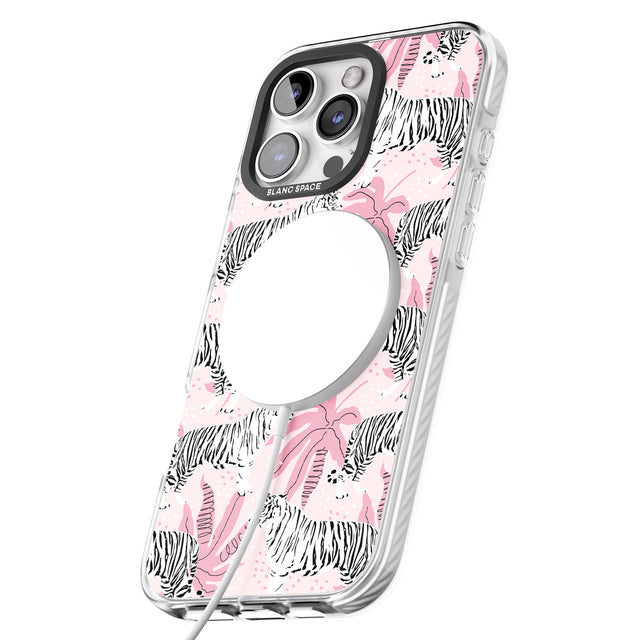 iPhone 16 Pro Max White Tigers on Pink Pattern Black Impact Phone Case