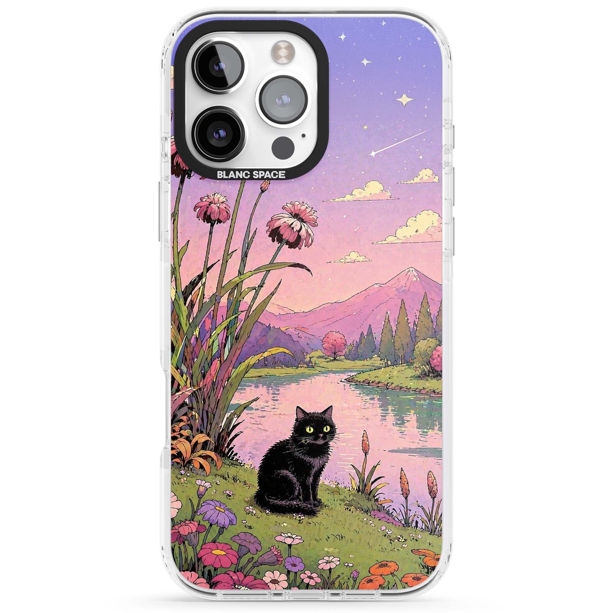 Mystic Whiskers ghibli iPhone case featuring a black cat by a pastel lake, wildflowers and a starry sunset sky | Impact Magsafe case for iPhone 16 Pro, iPhone 16 Pro Max