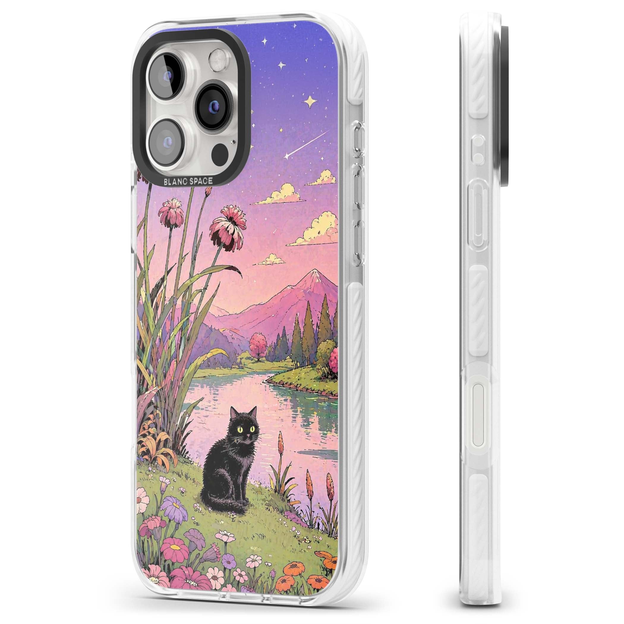 Mystic Whiskers ghibli iPhone case featuring a black cat by a pastel lake, wildflowers and a starry sunset sky | Impact Magsafe case for iPhone 16 Pro, iPhone 16 Pro Max