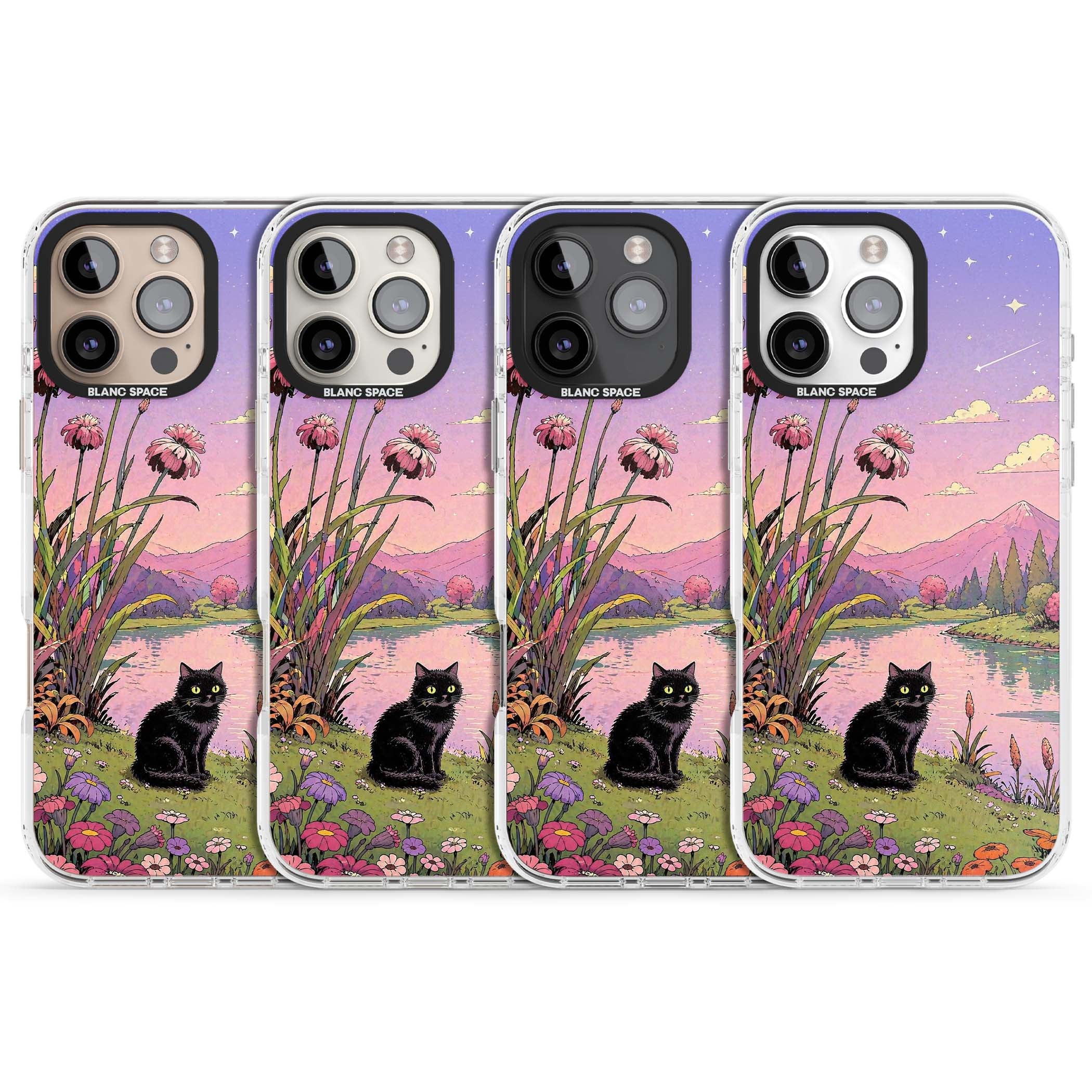 Mystic Whiskers ghibli iPhone case featuring a black cat by a pastel lake, wildflowers and a starry sunset sky | Impact Magsafe case for iPhone 16 Pro, iPhone 16 Pro Max