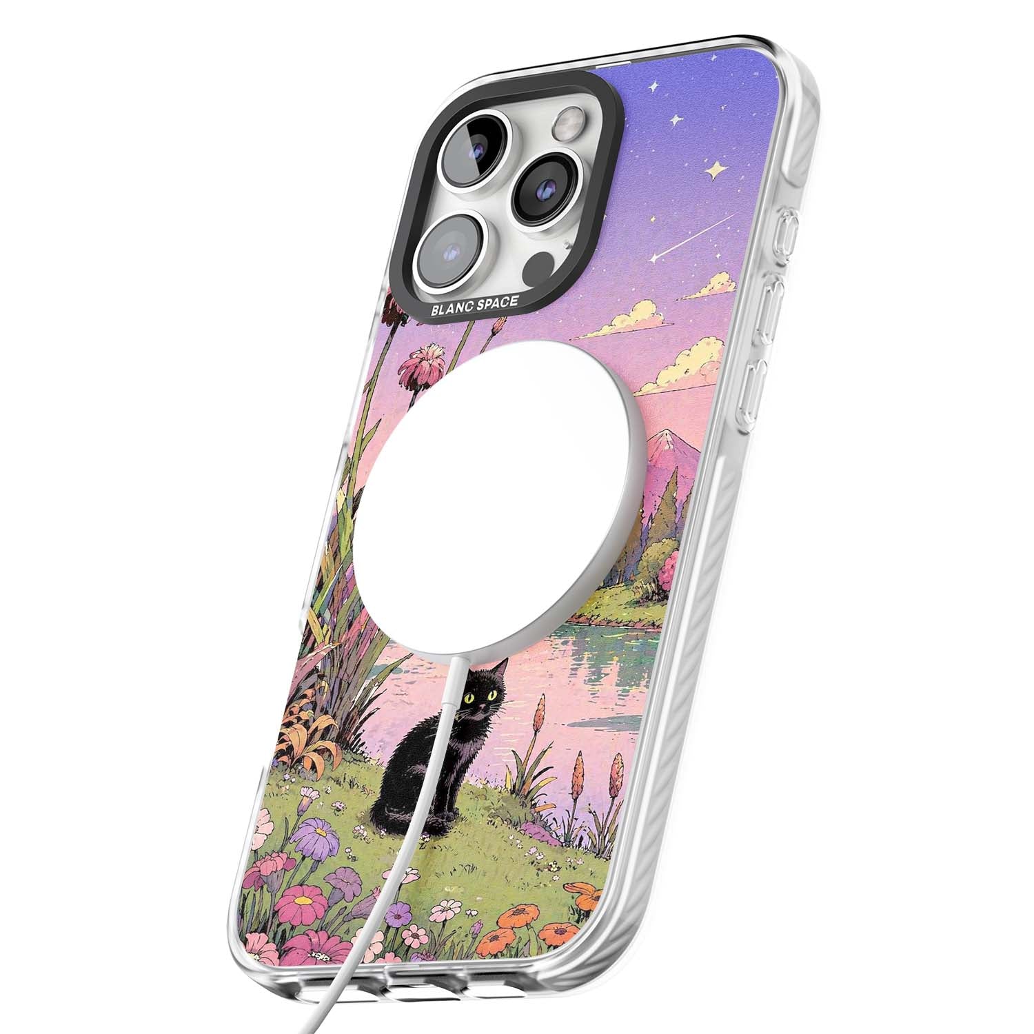 Mystic Whiskers ghibli iPhone case featuring a black cat by a pastel lake, wildflowers and a starry sunset sky | Impact Magsafe case for iPhone 16 Pro, iPhone 16 Pro Max