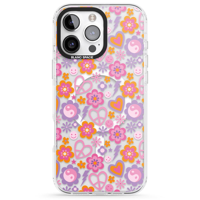 iPhone 16 Pro Max Peace, Love and Flowers Pattern Black Impact Phone Case