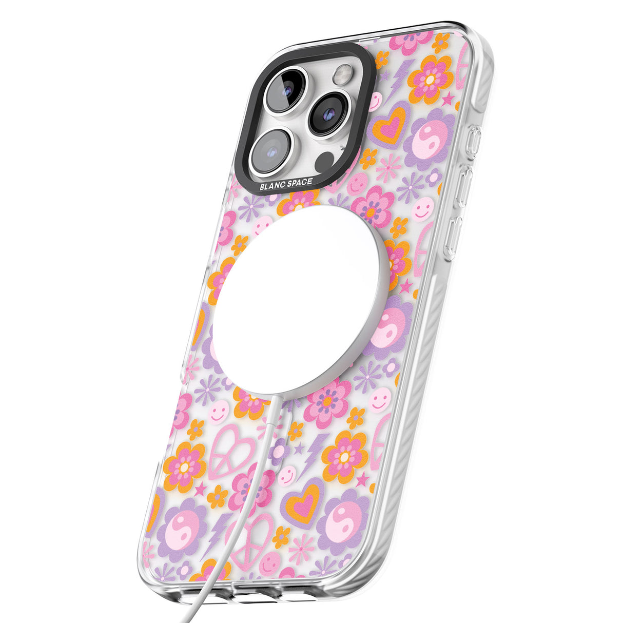 iPhone 16 Pro Max Peace, Love and Flowers Pattern Black Impact Phone Case