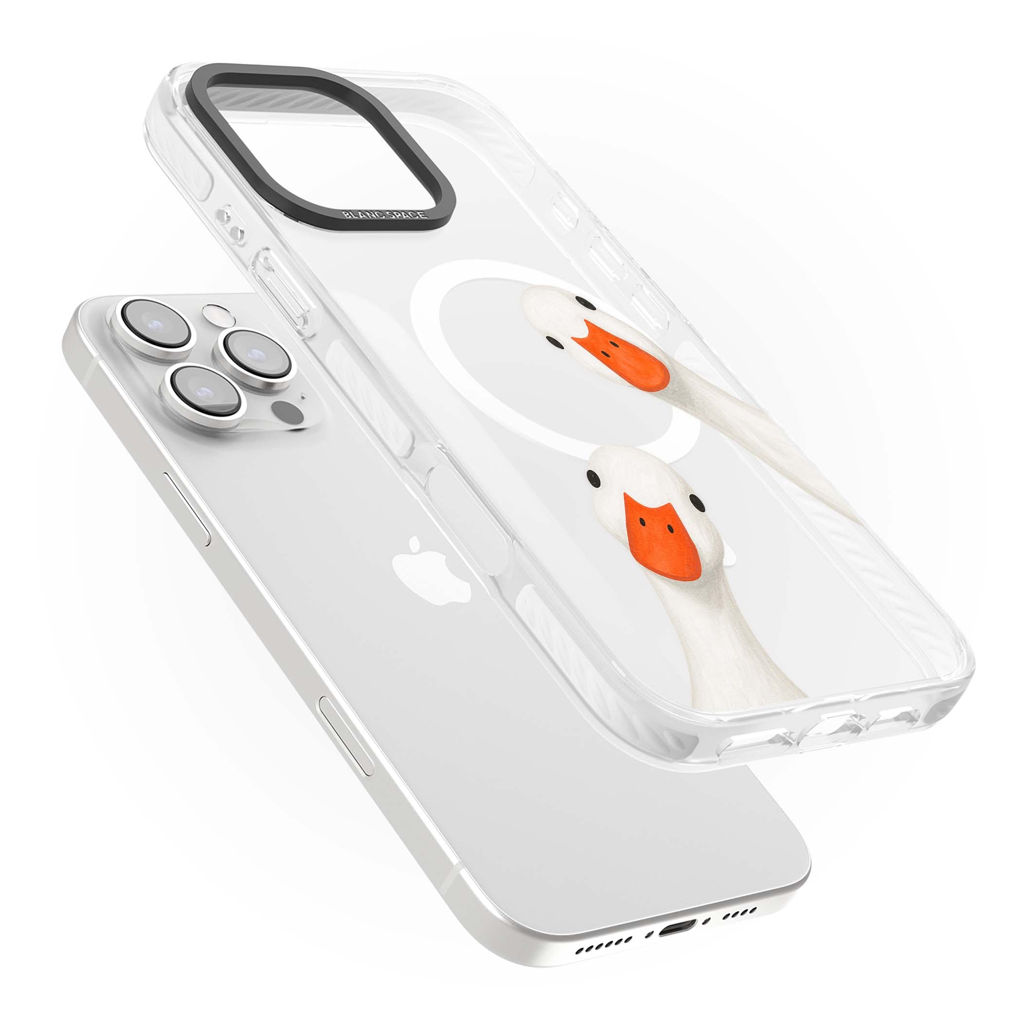 Nosy Ducks cottagecore iPhone case featuring two peeking white ducks with orange beaks on a clear background | Impact Magsafe case for iPhone 16 Pro, iPhone 16 Pro Max