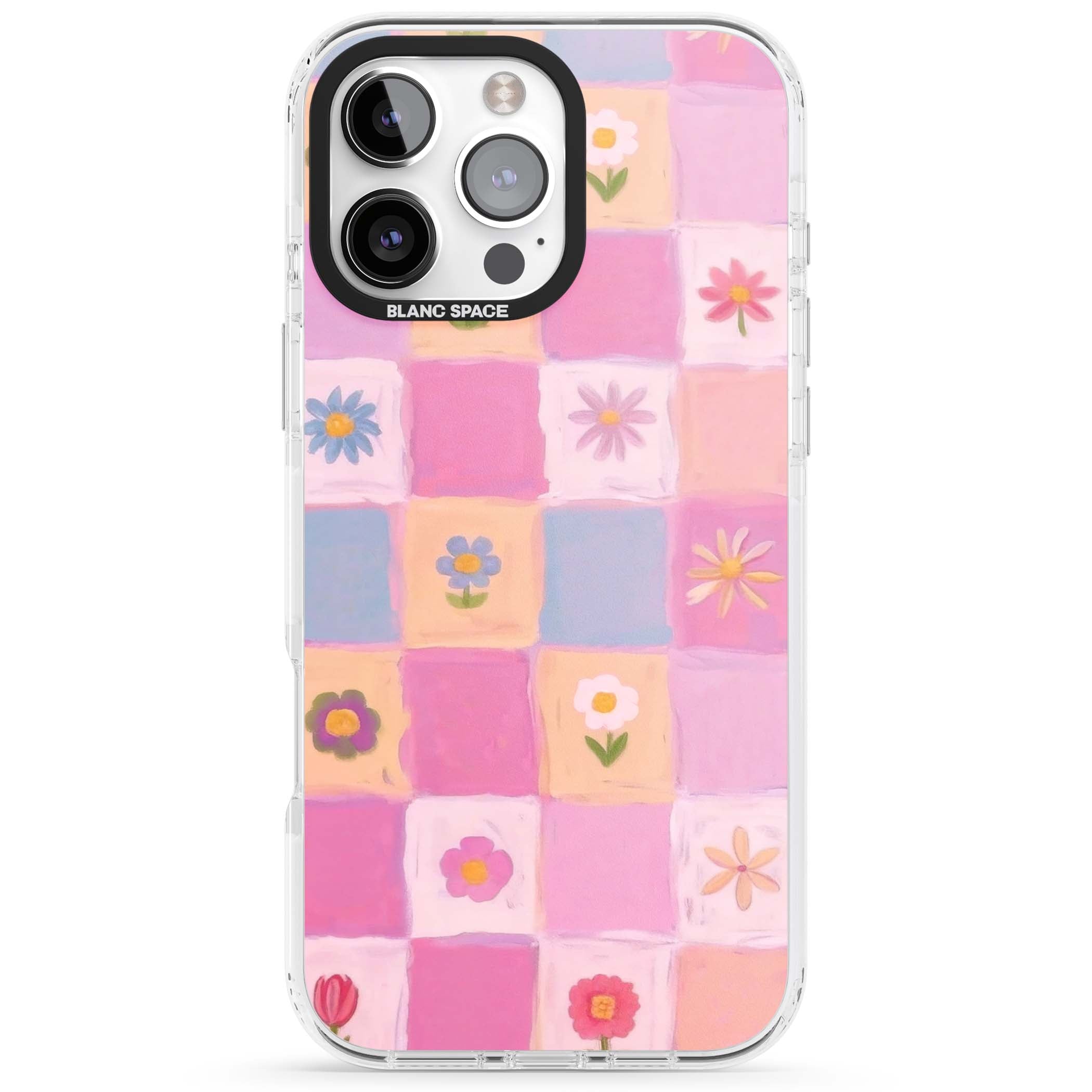 Pastel Flower Patchwork cottagecore iPhone case featuring painted pink and lilac squares with daisies and wildflowers | Impact Magsafe case for iPhone 16 Pro, iPhone 16 Pro Max