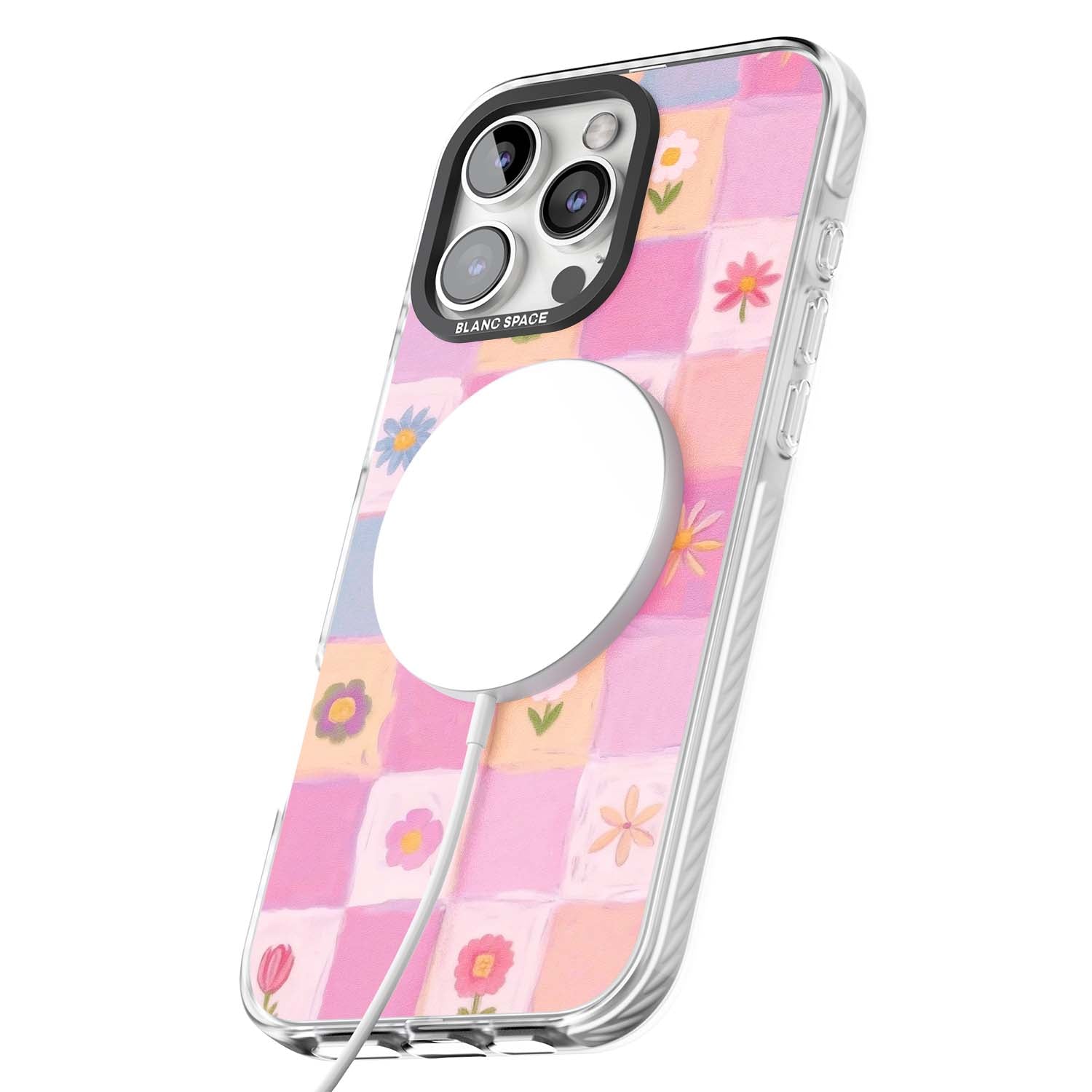 Pastel Flower Patchwork cottagecore iPhone case featuring painted pink and lilac squares with daisies and wildflowers | Impact Magsafe case for iPhone 16 Pro, iPhone 16 Pro Max